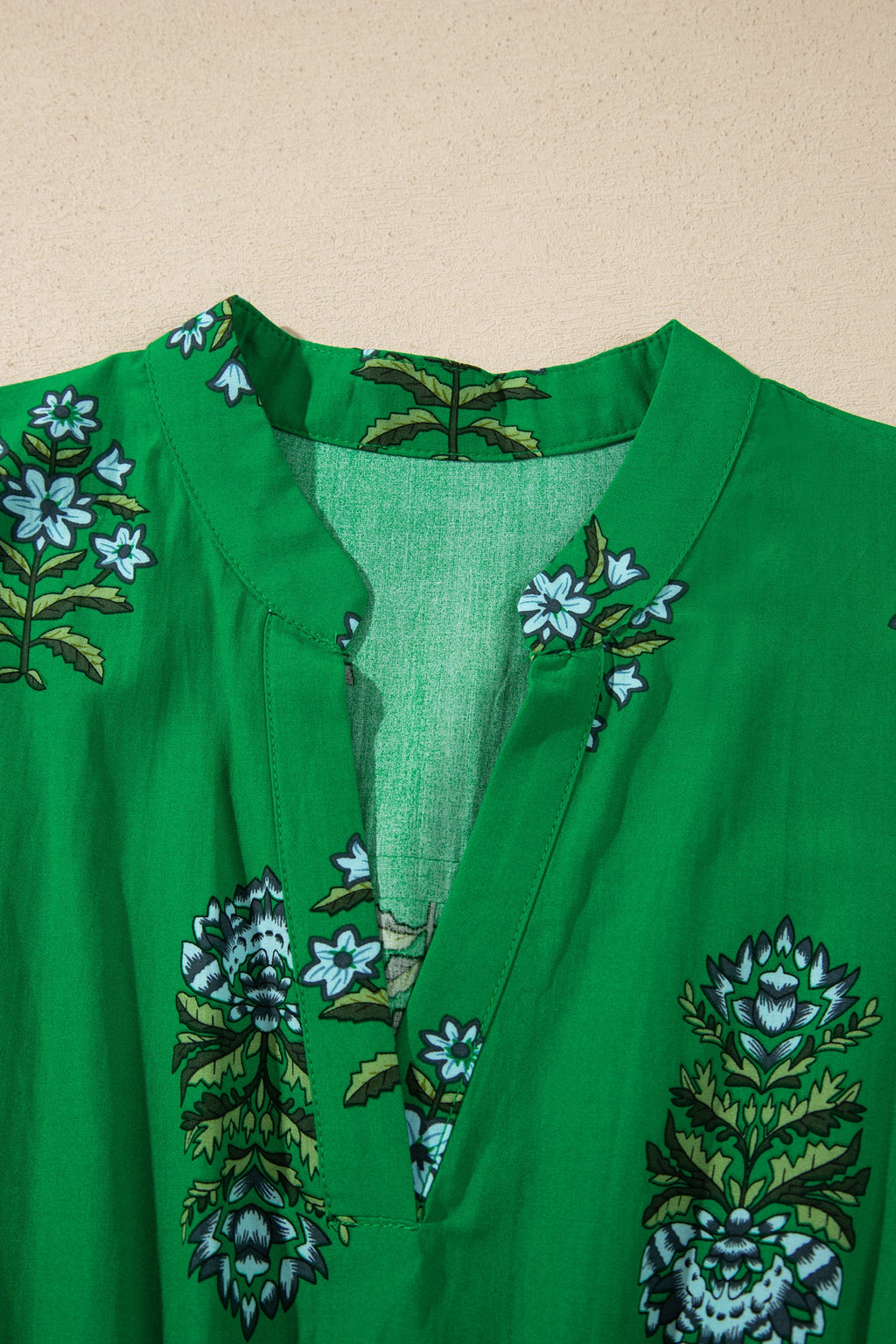 Green Floral Print Split Neck Shirred High Waist Ruffle Hem Maxi Dress