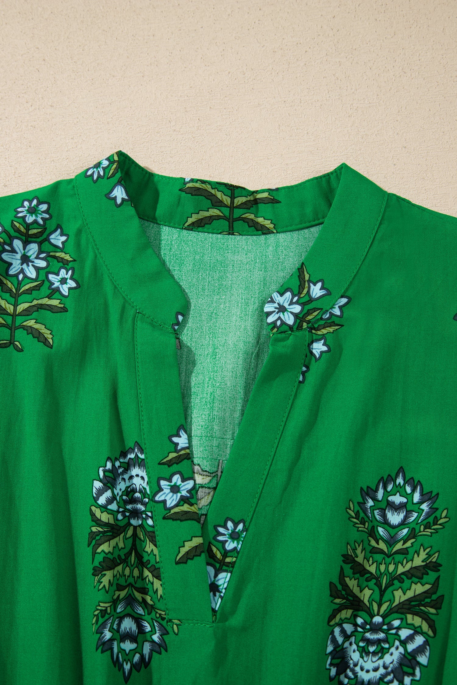 Green Floral Print Split Neck Shirred High Waist Ruffle Hem Maxi Dress