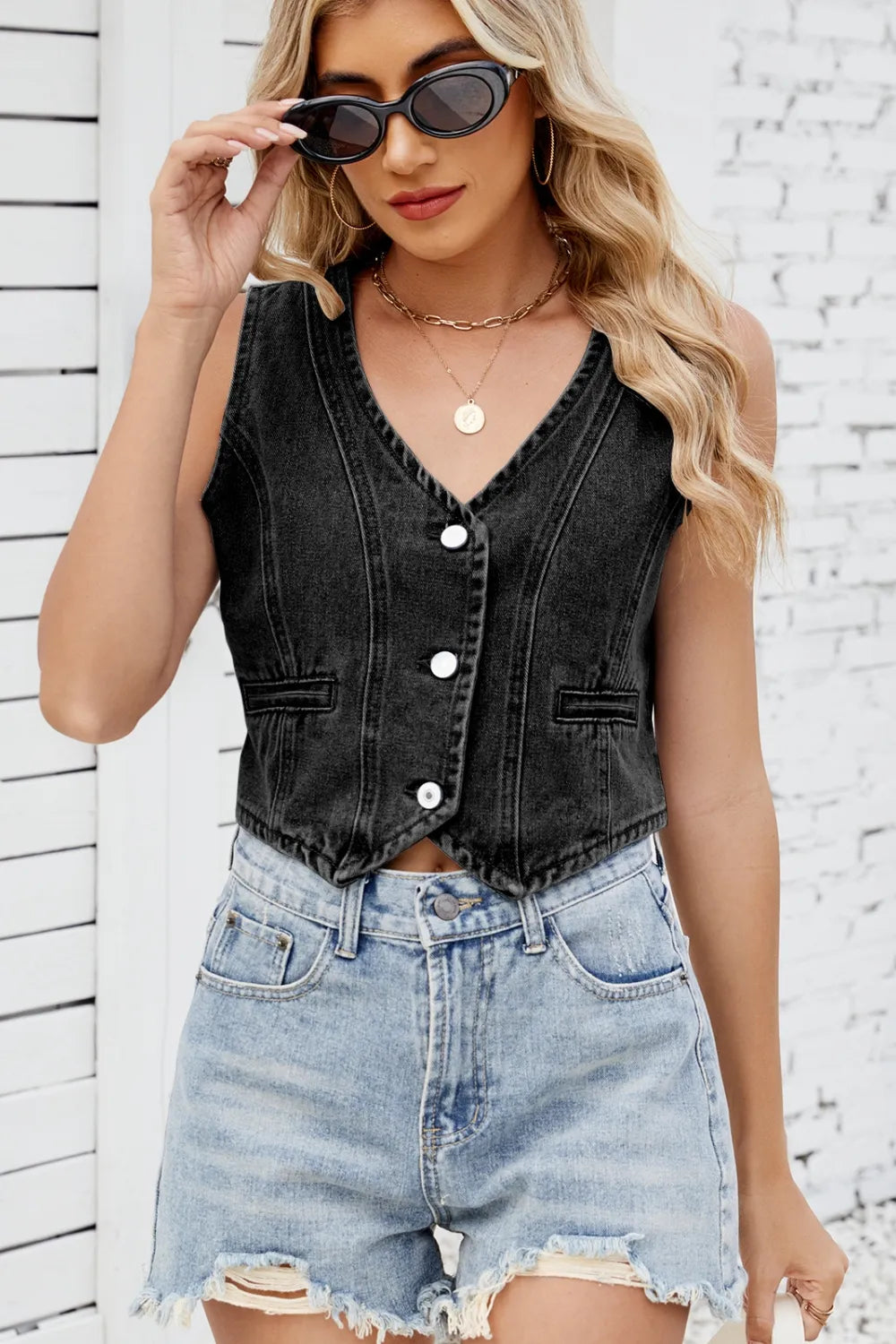 Button Down V-Neck Denim Vest
