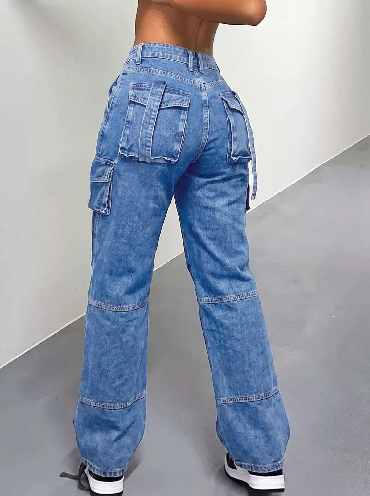 High-Waisted Distressed Cargo Jeans