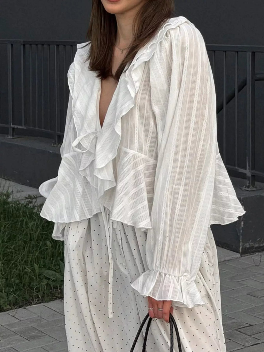 Ruffled Striped Flounce Sleeve Blouse