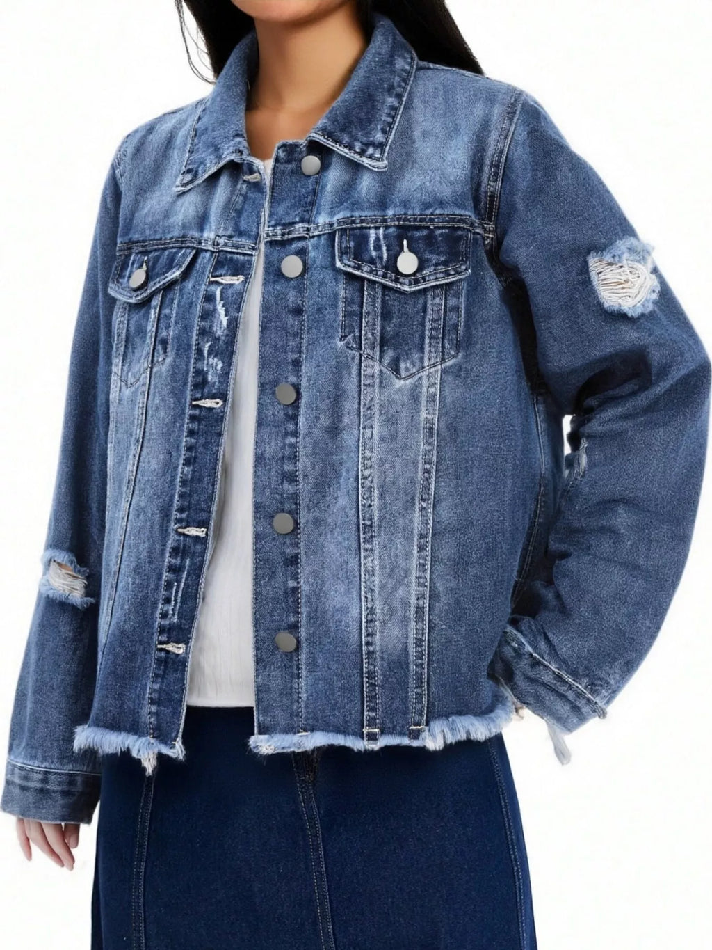 Distressed Raw Hem Denim Jacket
