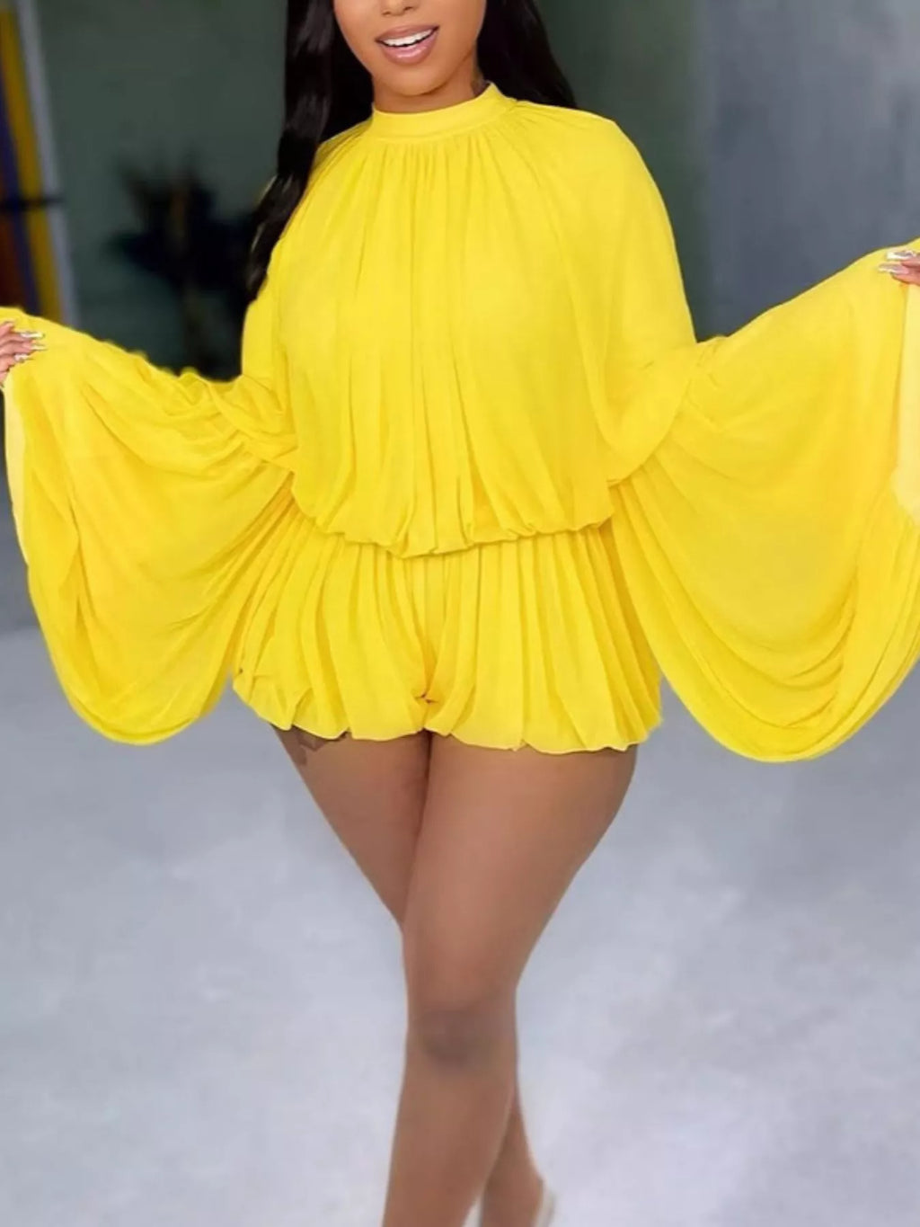 Elegant Pleated Bell Sleeve Romper