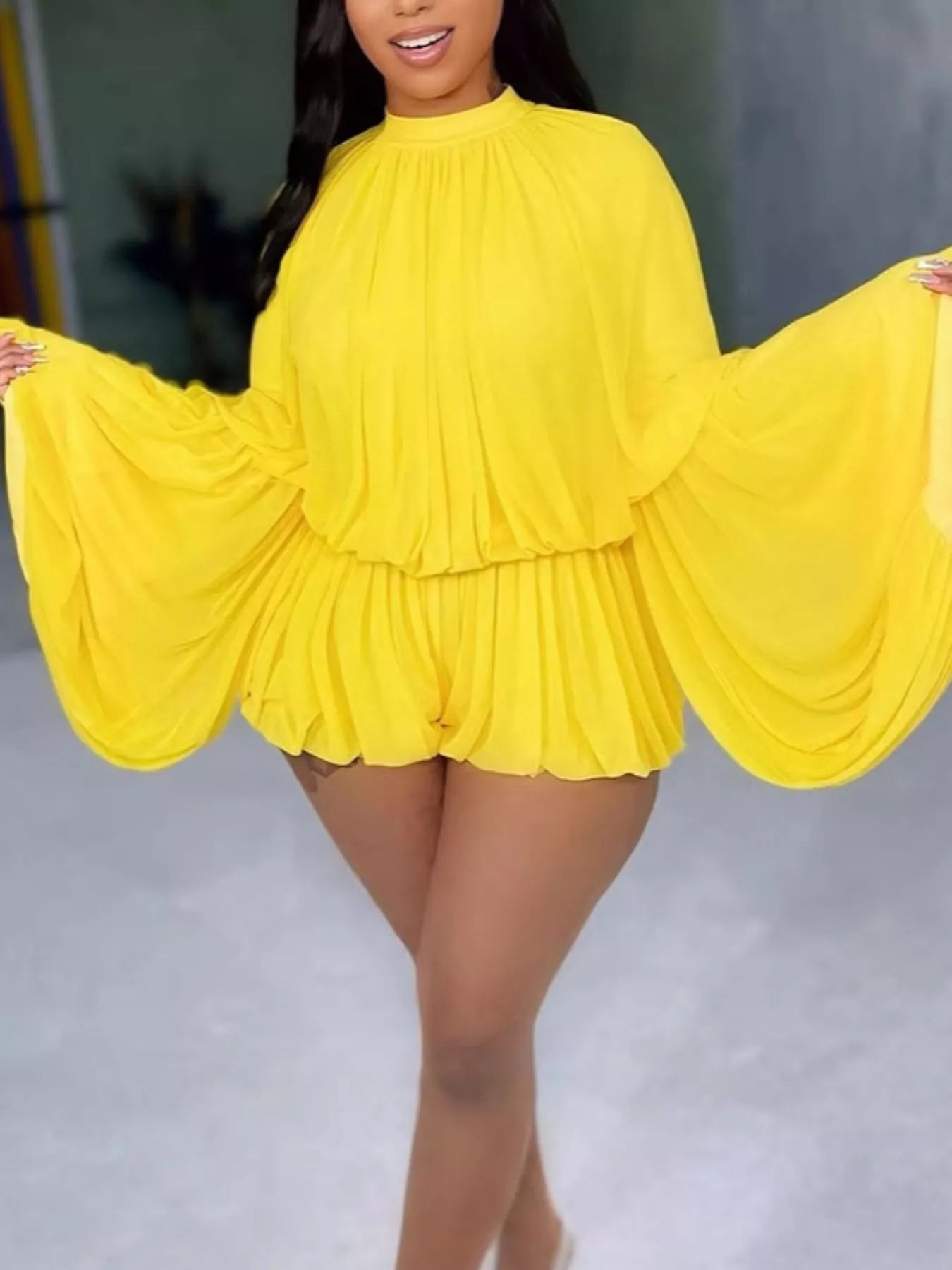 Elegant Pleated Bell Sleeve Romper