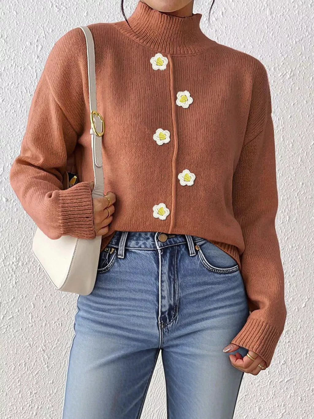 Floral Applique Turtleneck Sweater