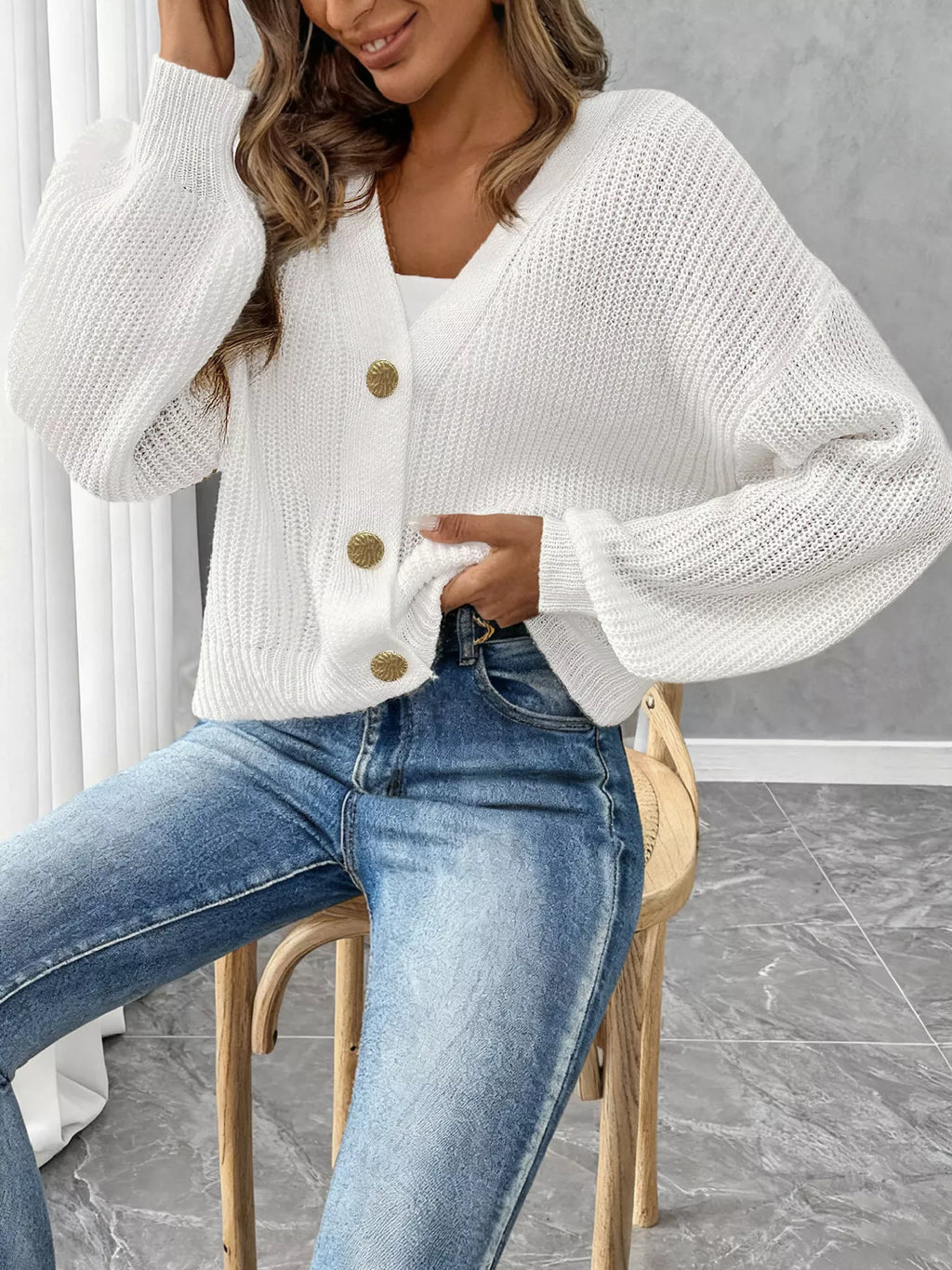 Elegant V-Neck Button-Down Ribbed Knit Cardigan