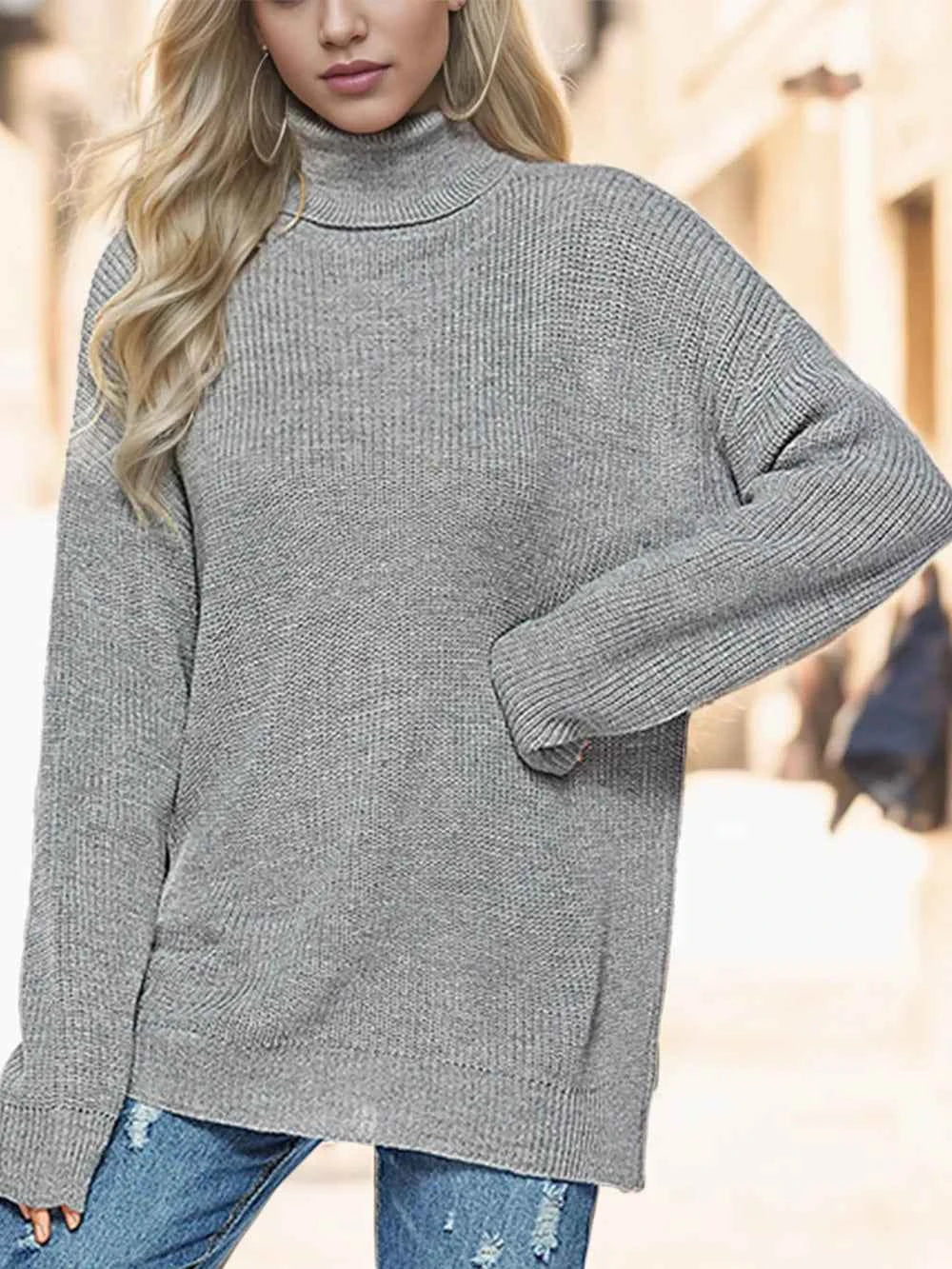Ribbed Turtleneck Drop Shoulder Oversized Sweater