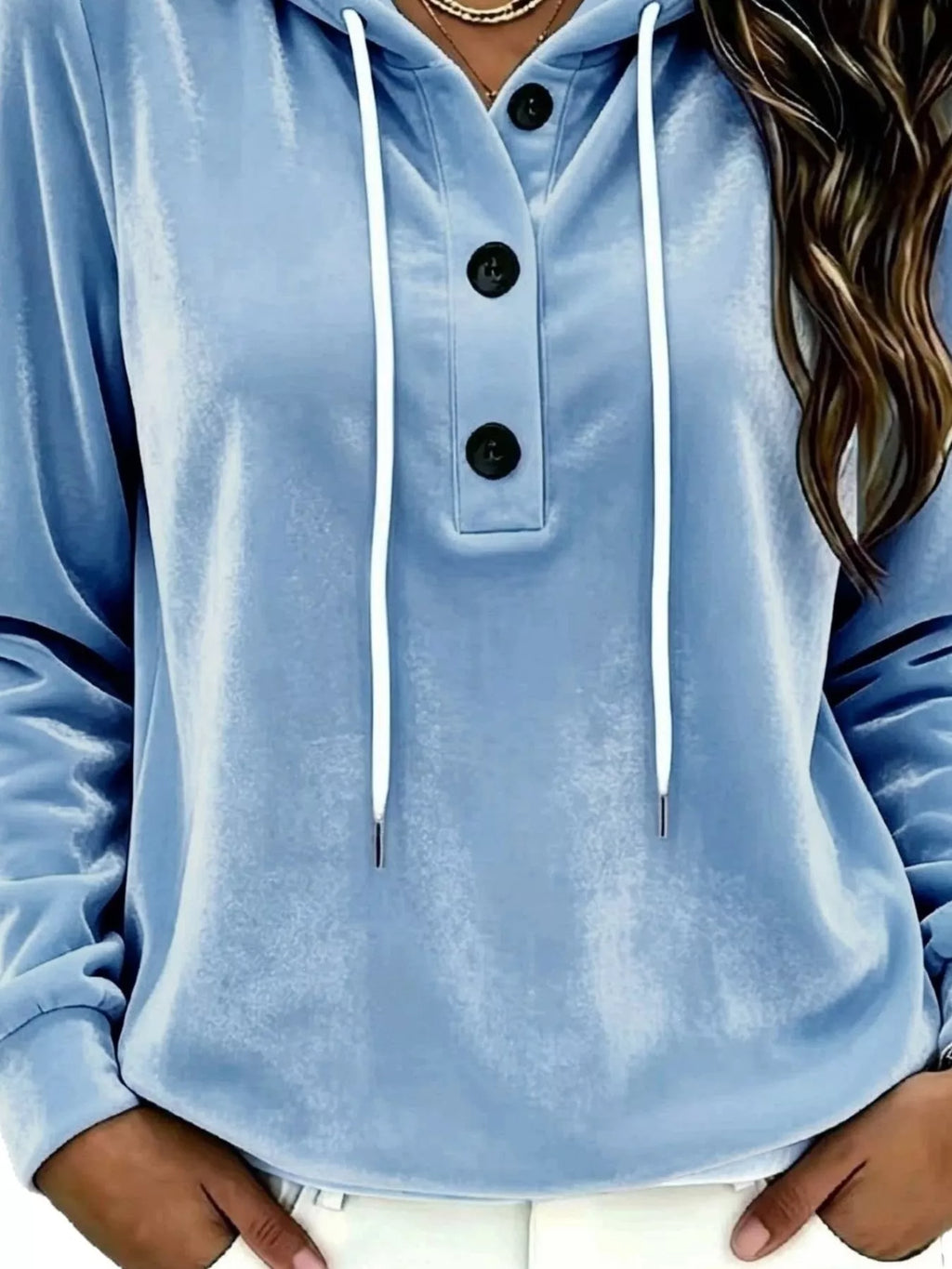 Full Size Drawstring Button Detail Hoodie Plus Size