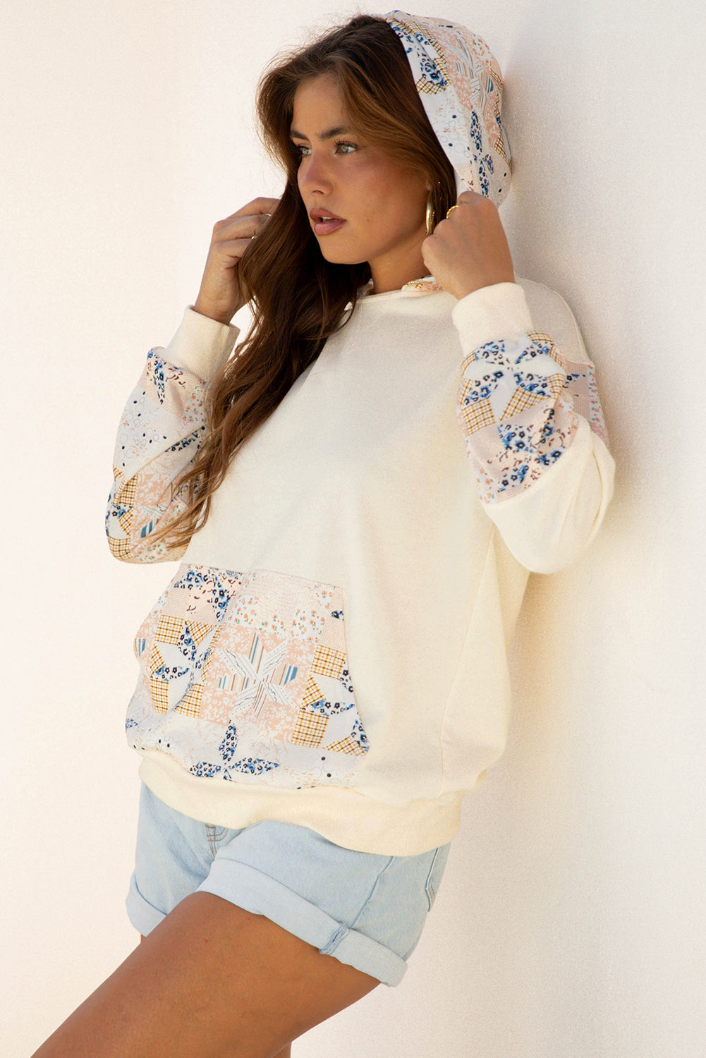 Western Geometric Patchwork Kangaroo Pocket Hoodie