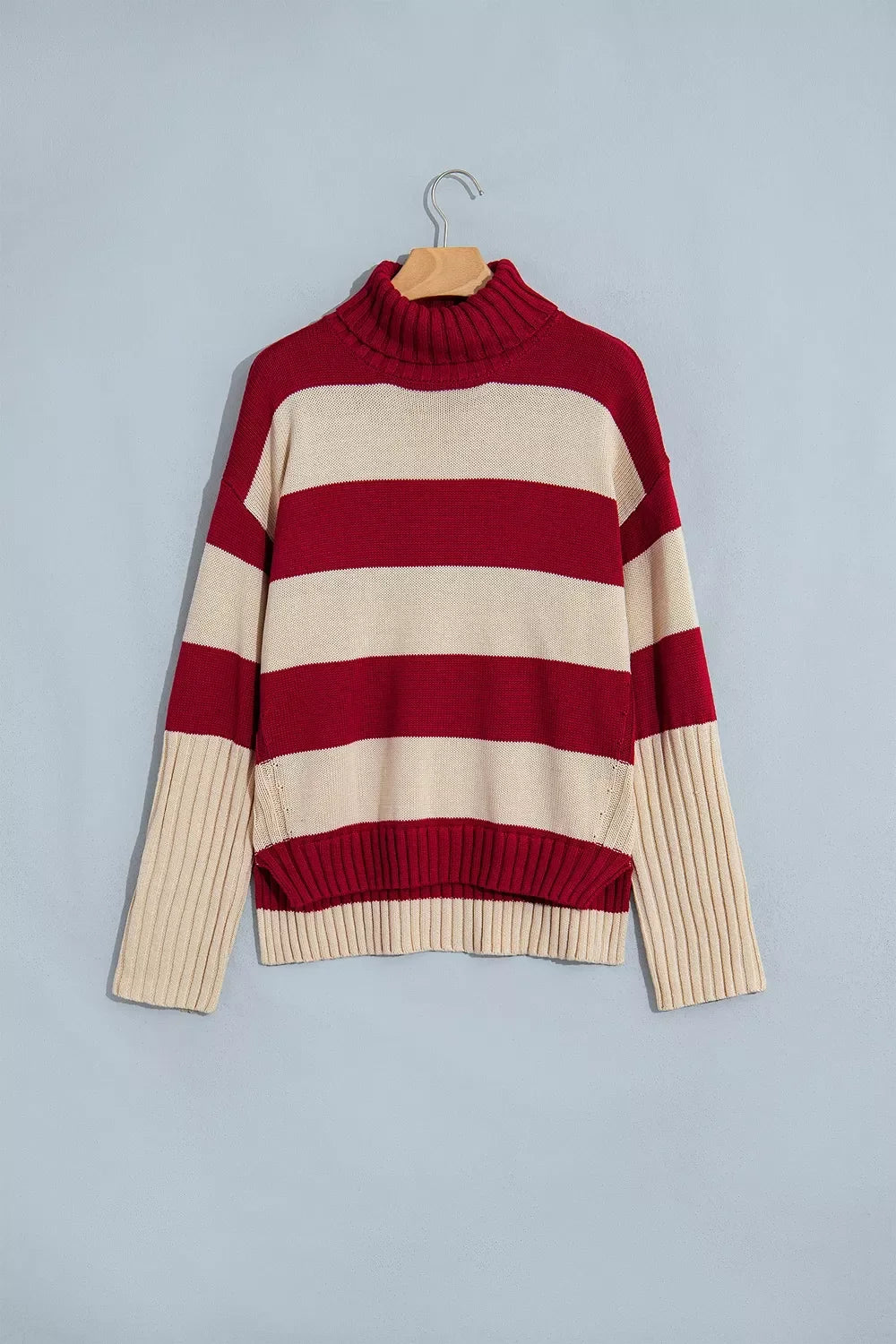 Stripe Ribbed Trim High Neck Relaxed Pullover Sweater