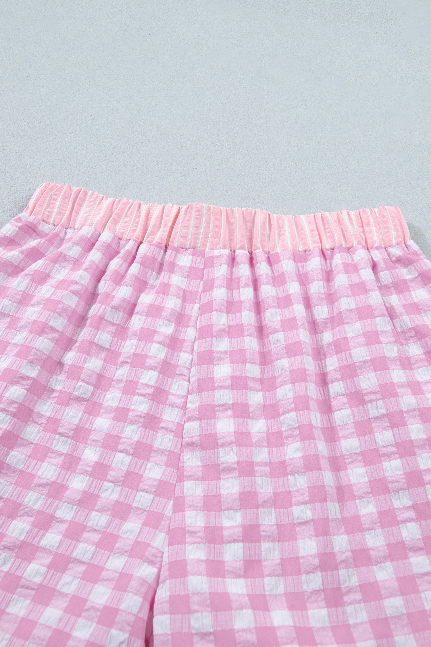 Pink Gingham Print Ruffle Striped Detail Lace Tie Shorts