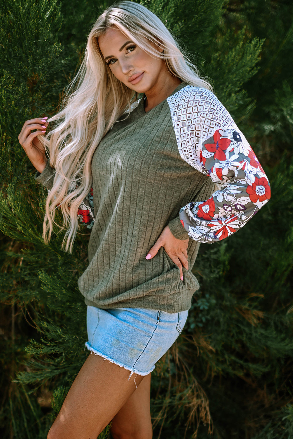 Floral Ribbed Patchwork Long Sleeve Blouse