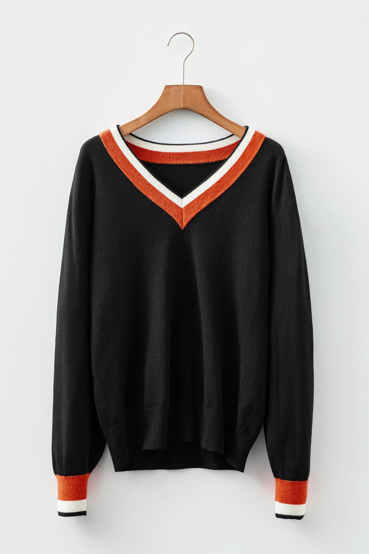Varsity Stripe Contrast Trim V-Neck Sweater