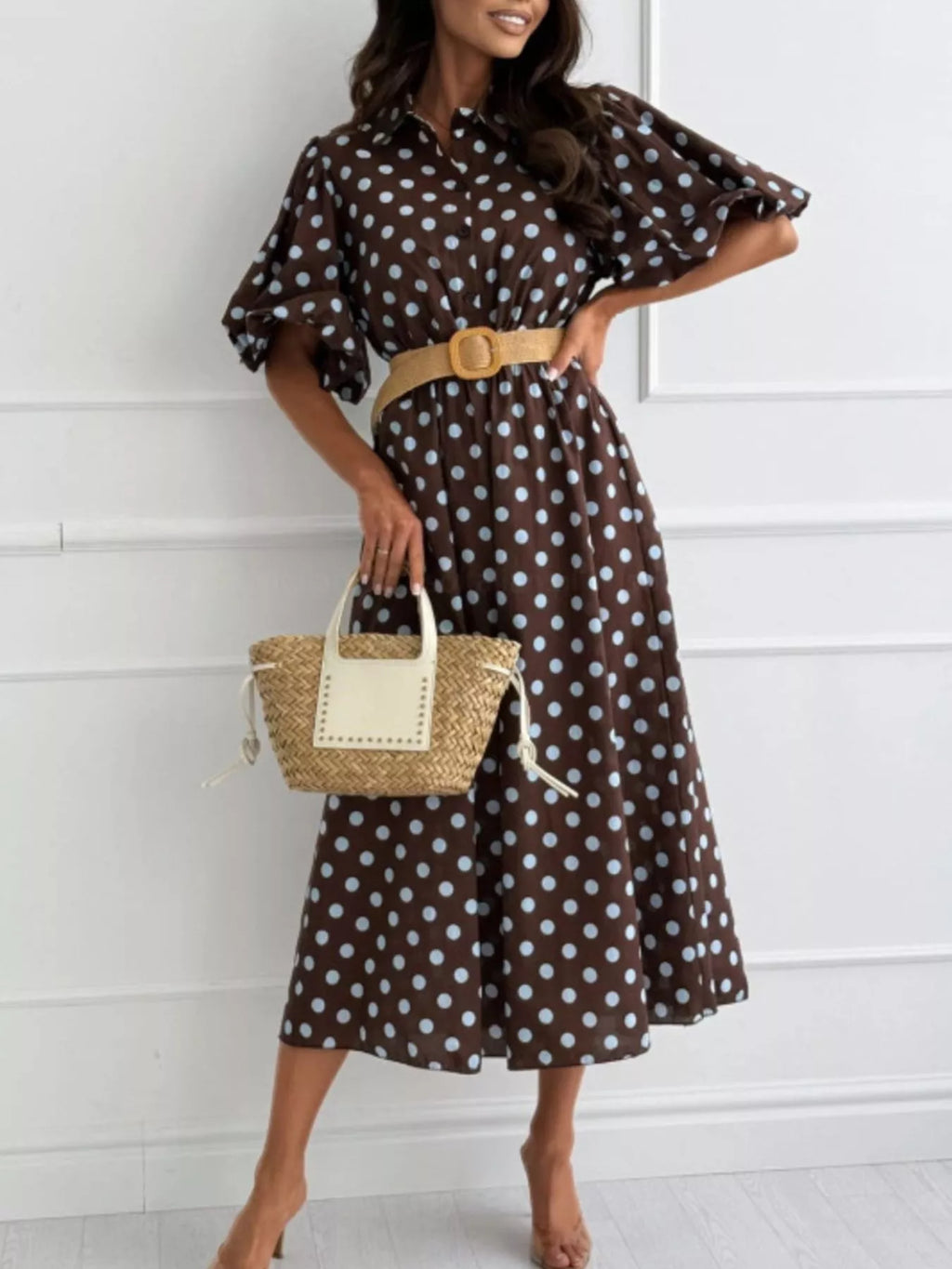 Polka Dot Puff Sleeve Midi Dress