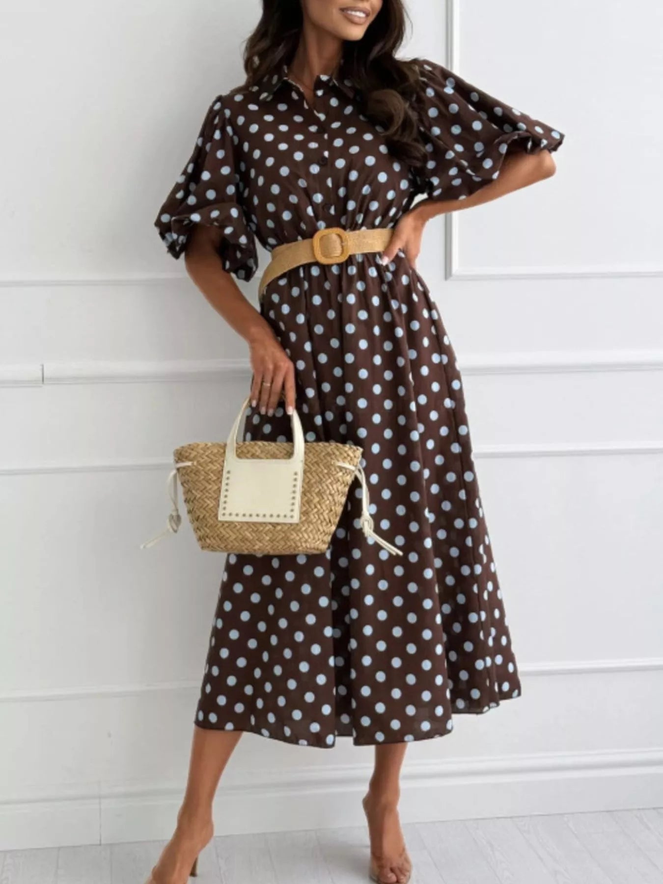 Polka Dot Puff Sleeve Midi Dress