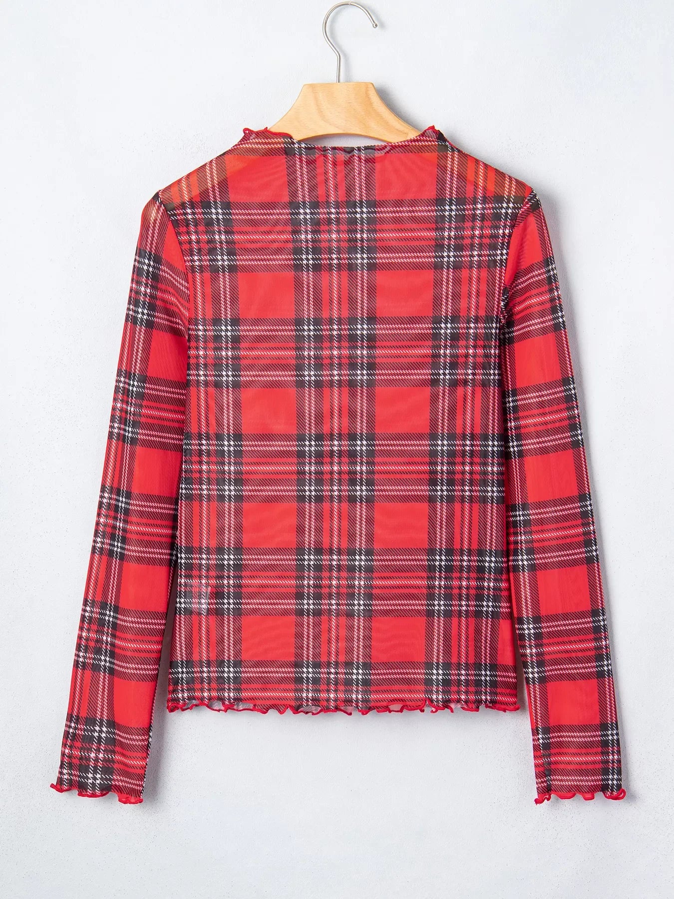Sheer Plaid Mock Neck Long Sleeve Blouse