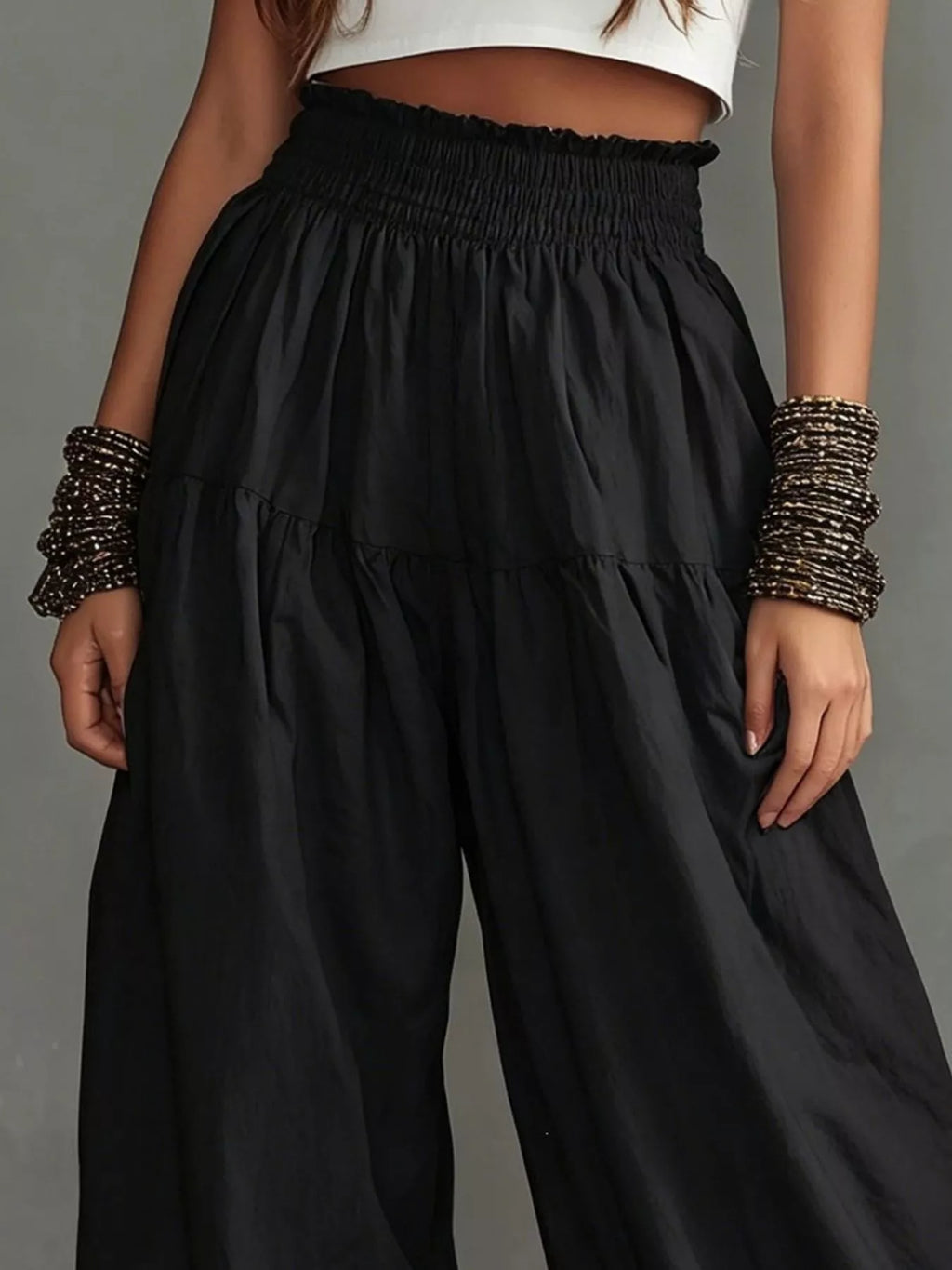 Full Size Smocked Ruffle Hem Wide Leg Pants Plus Size