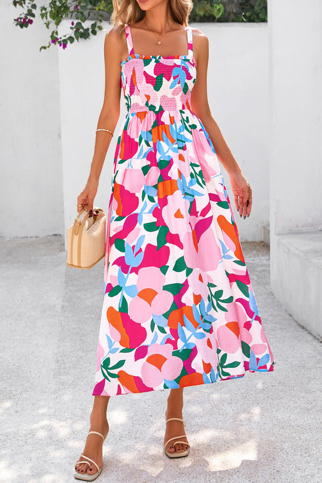 Pink Floral Print Adjustable Straps Smocked High Waist Sundress