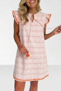 White Jacquard Textured Contrast Trim Short Sleeve Tassel Tie Shift Dress