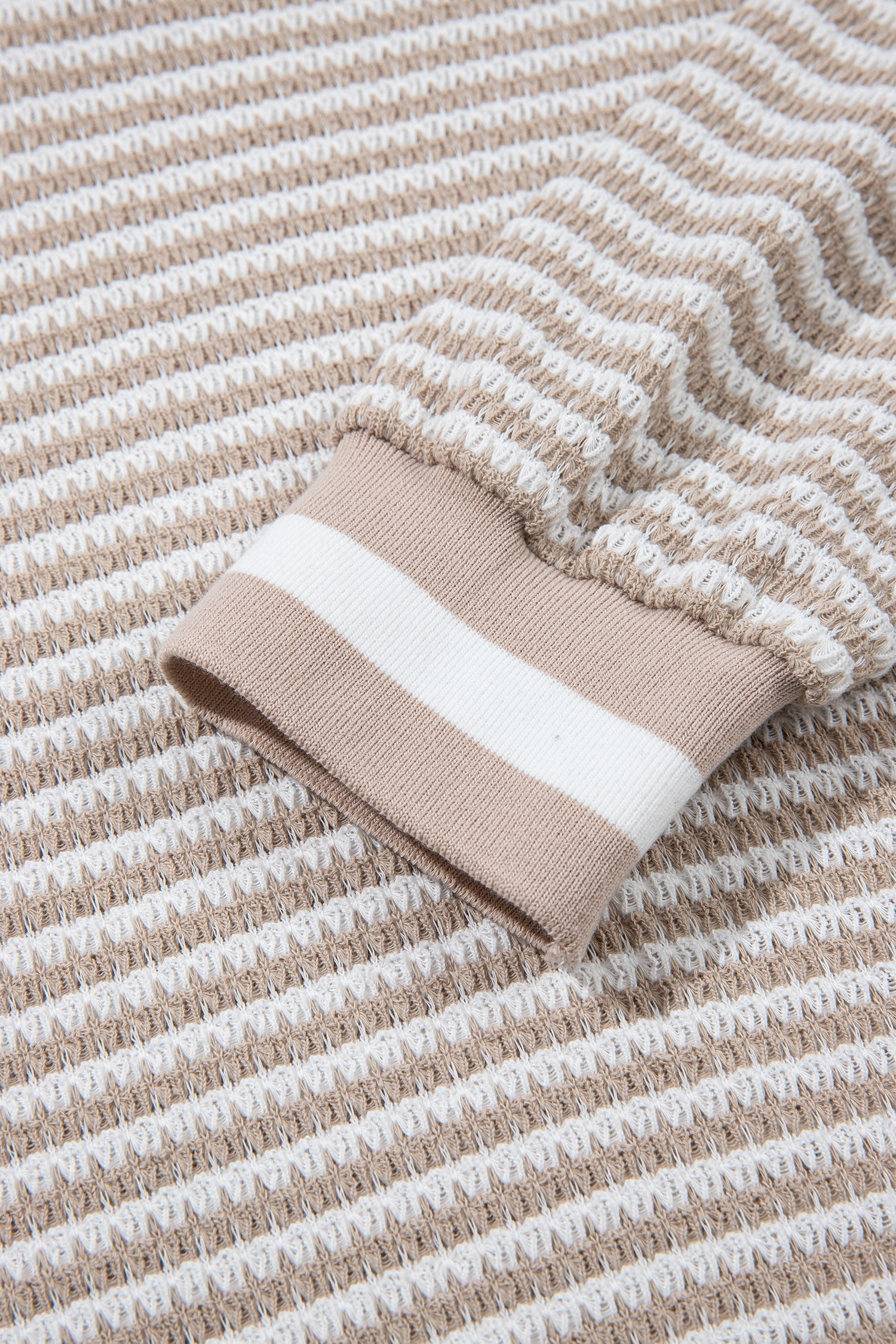 Beige Striped Textured Knit V Neck Casual Top