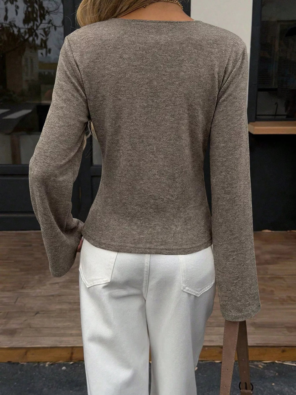 Elegant V-Neck Wrap Asymmetrical Blouse with Flared Sleeves