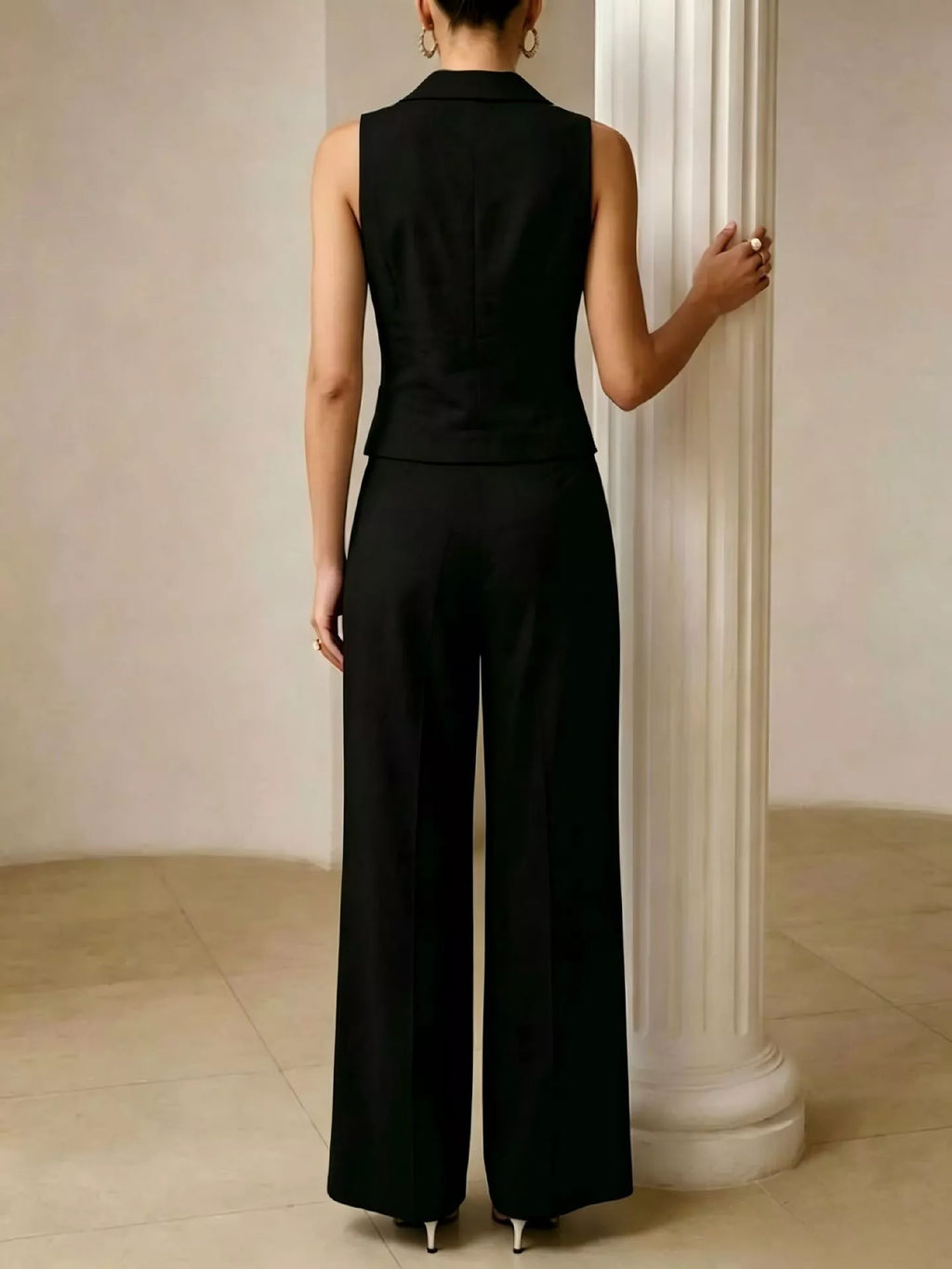 Full Size Sleeveless Blazer and Wide-Leg Pants Set Plus Size