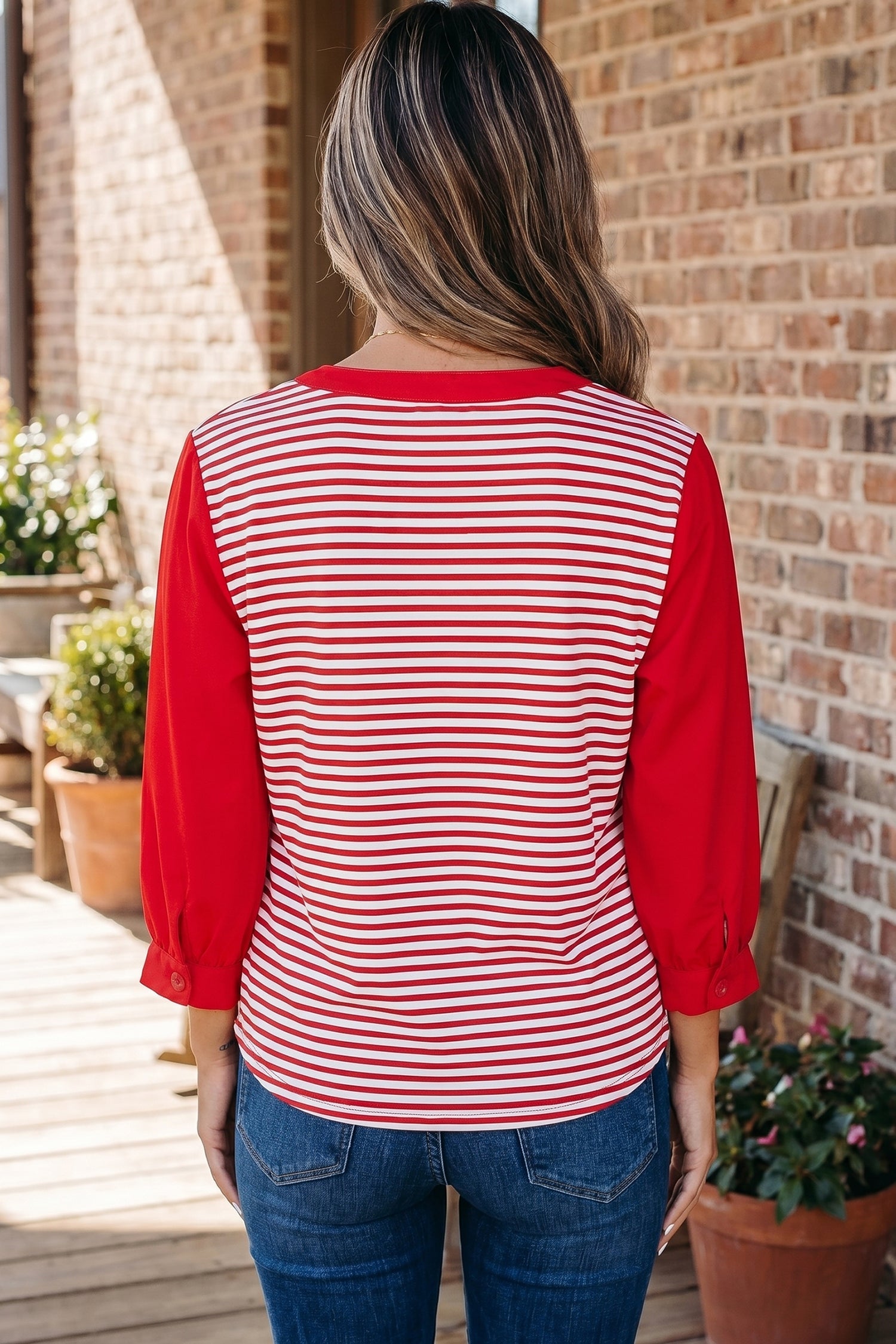 Red Stripe Half Placket V Neck Contrast 3/4 Sleeve Patchwork Top
