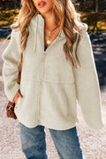 Solid Fleece Zip-Up Drawstring Pocketed Hooded Jacket