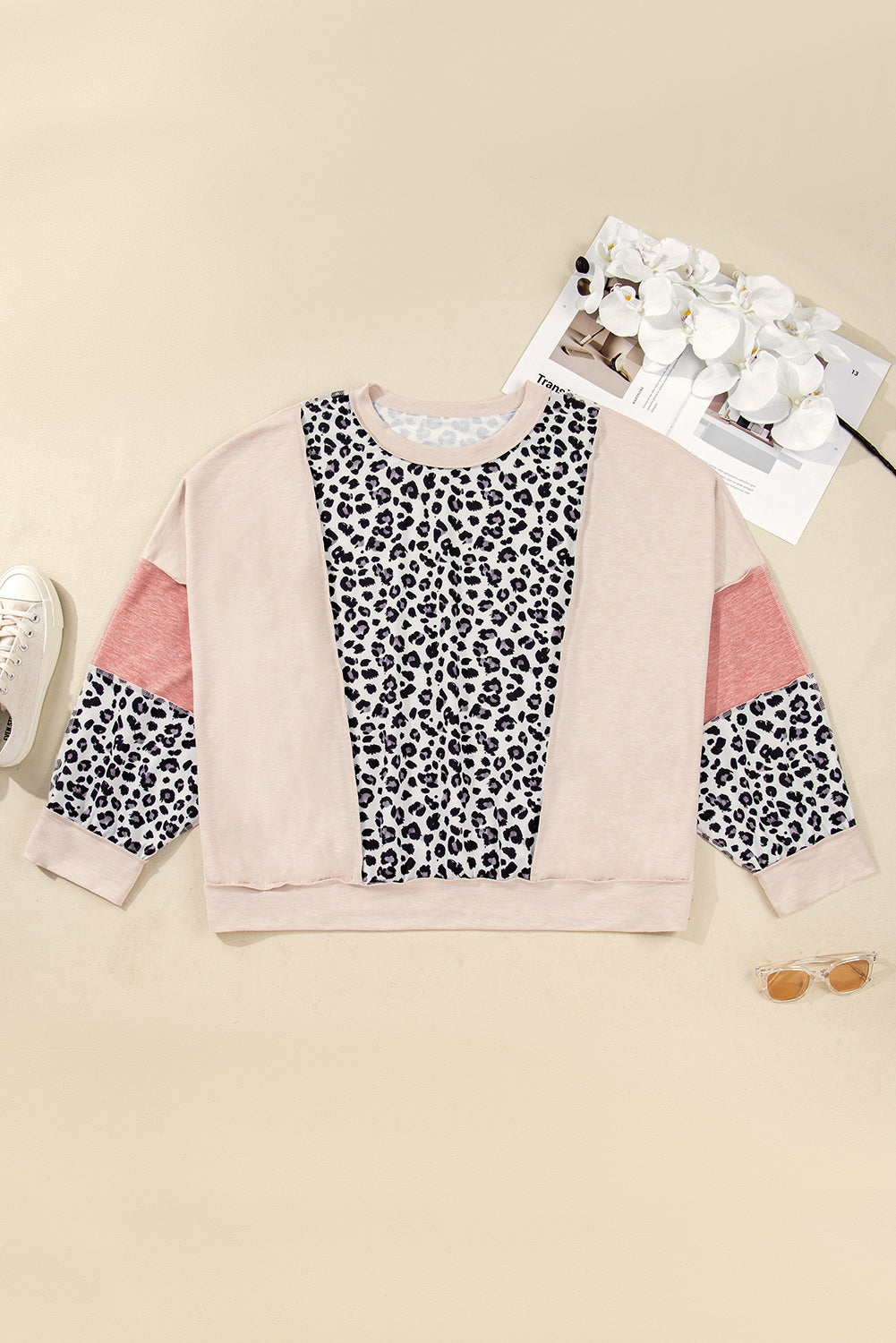 Plus Size Leopard Colorblock Patchwork Reverse Stitch Top