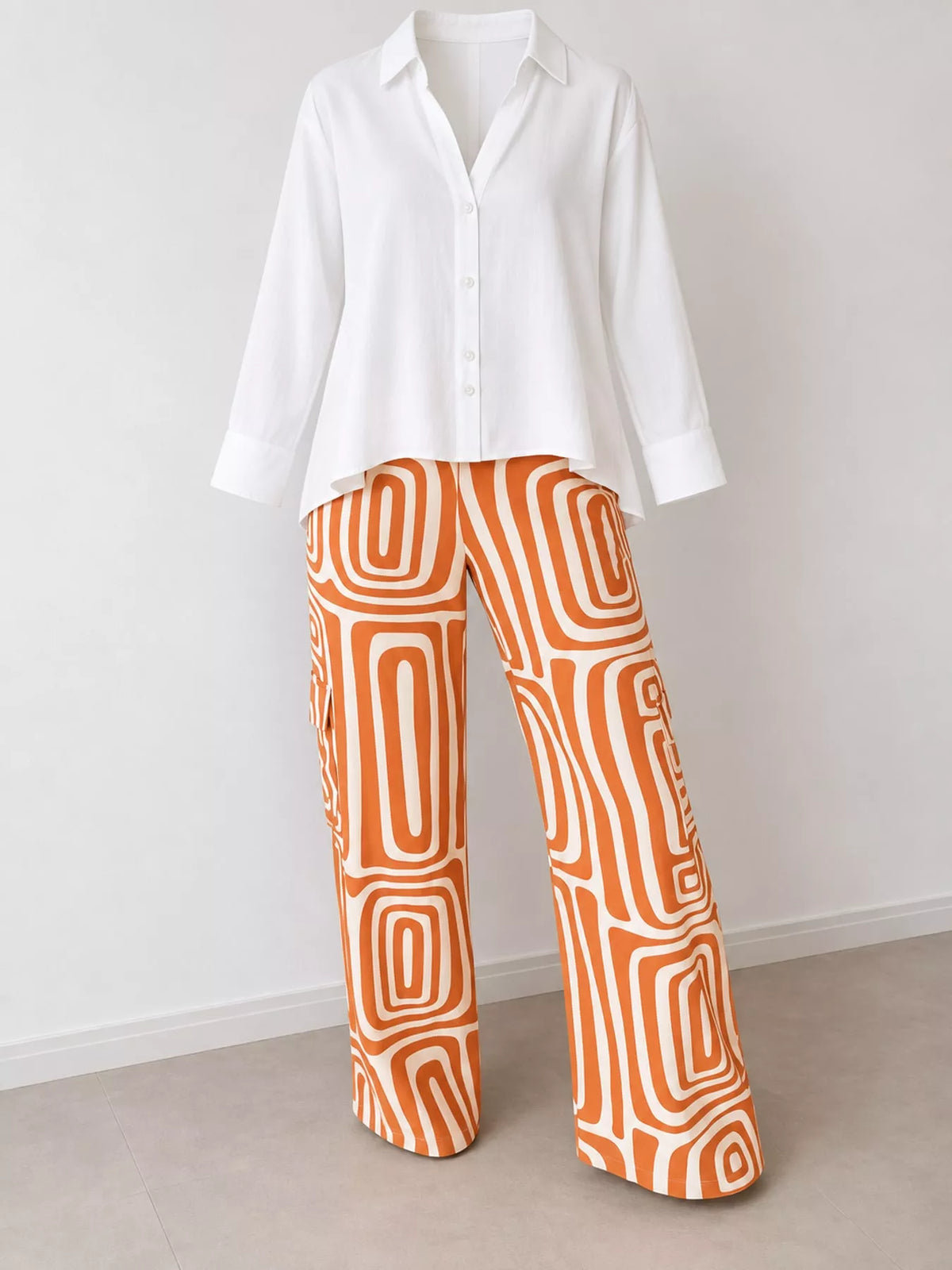 Full Size Chic Button-Down Shirt and Geometric Wide-Leg Pants Set Plus Size