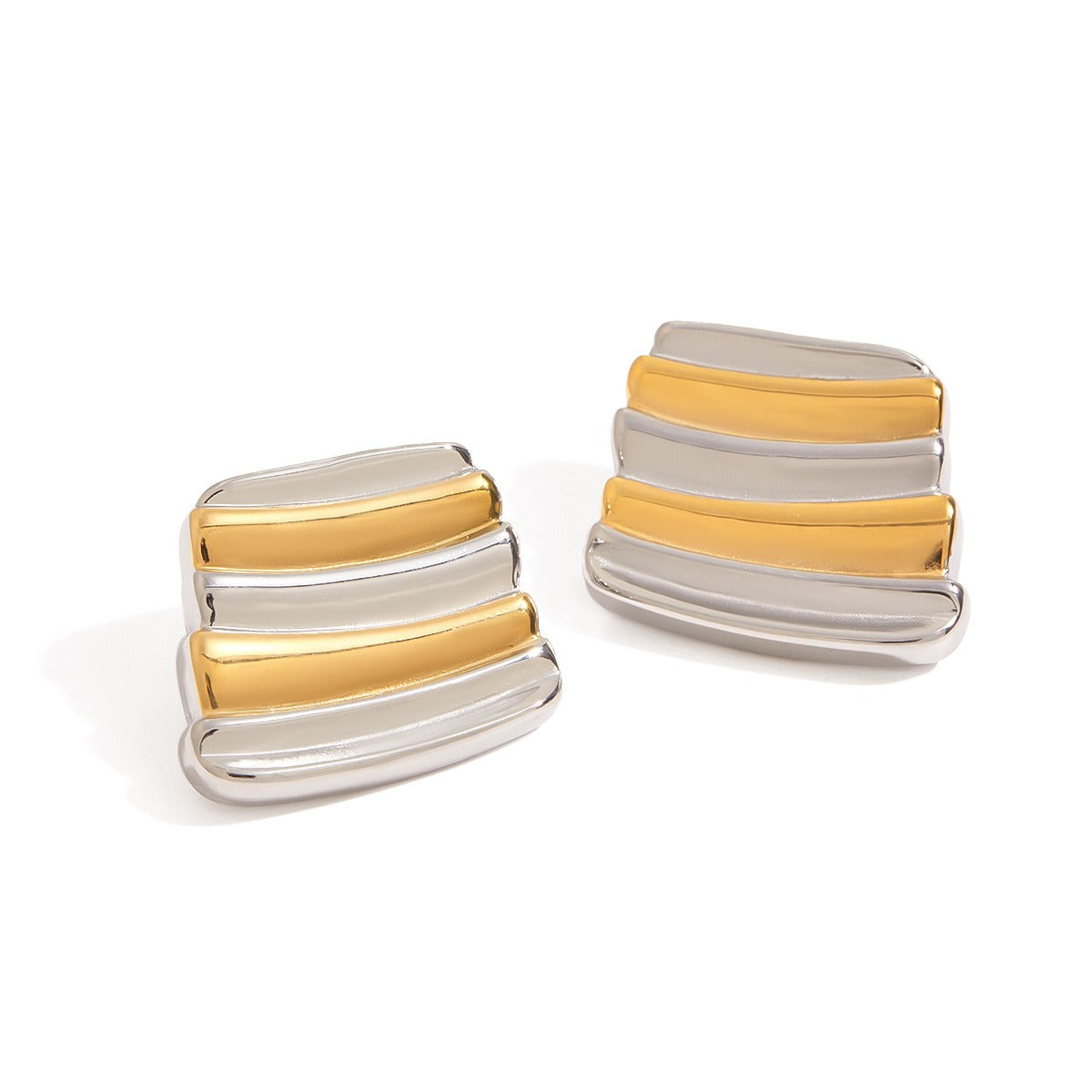 18K gold geometric trapezoidal design with gold and silver color matching, fashionable and personalized earrings