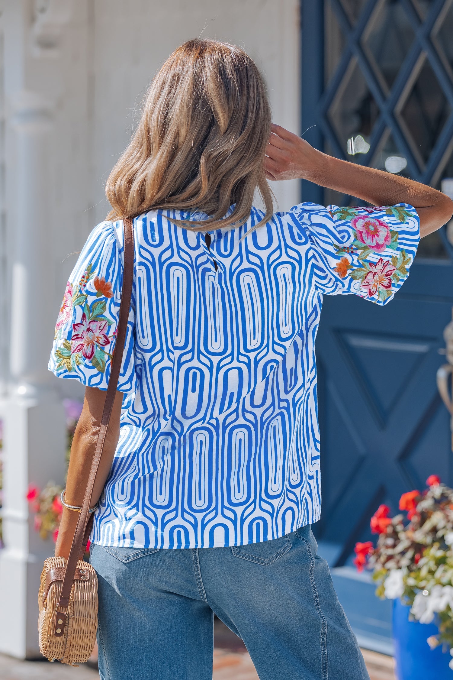 Sky Blue Unique Geometry Print Floral Embroidered Puff Sleeve Blouse