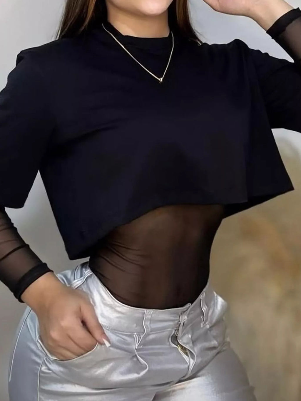 Sheer Mesh Long Sleeve Bodysuit