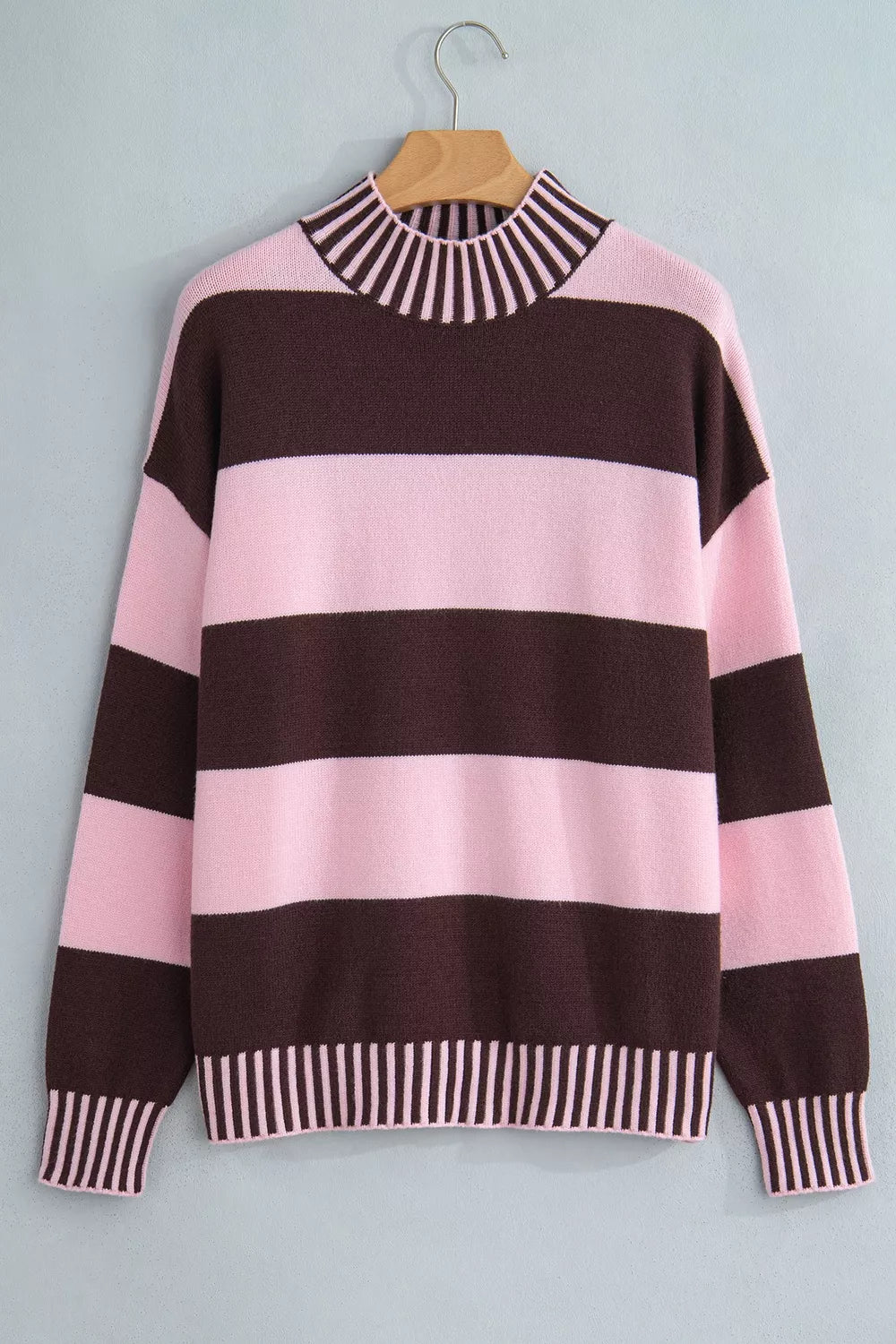 Stripe Contrast High Neck Dropped Shoulder Relaxed Sweater