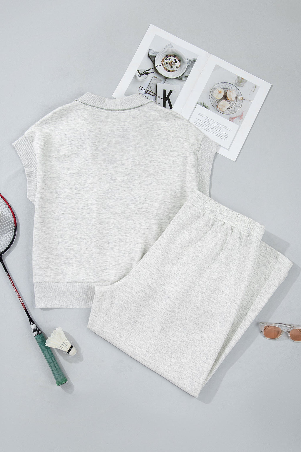 Light Grey Half Zip Polo Tee Loose Pants Plus Size 2pcs Outfit