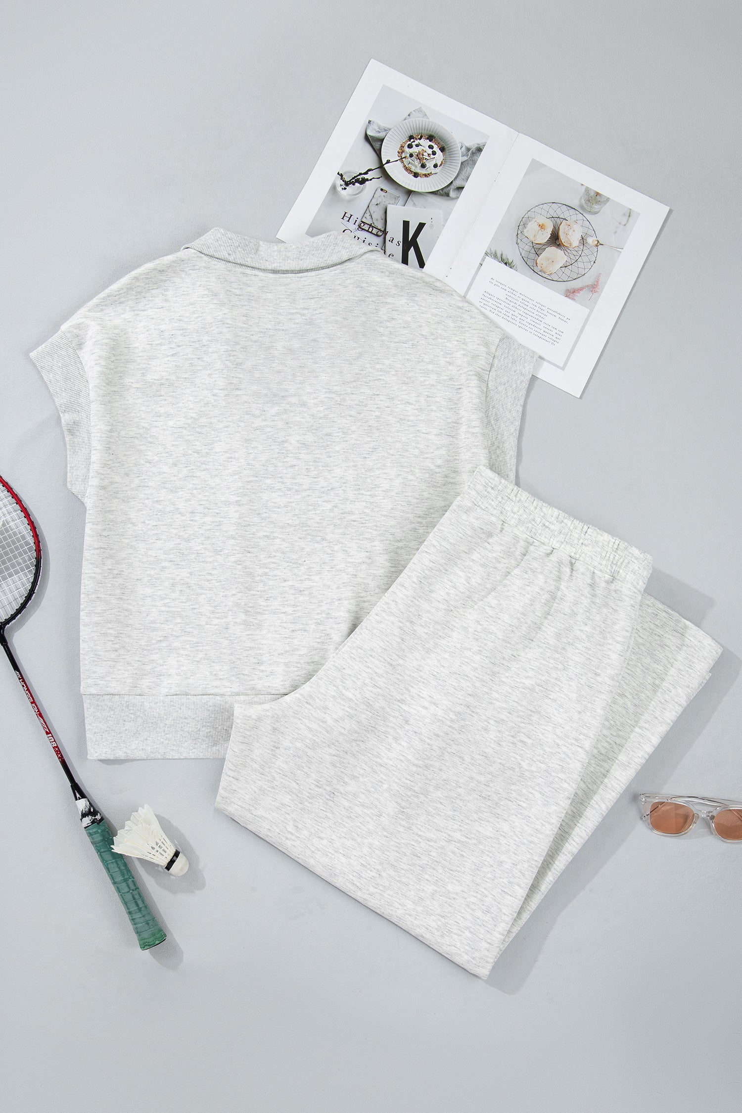 Light Grey Half Zip Polo Tee Loose Pants Plus Size 2pcs Outfit