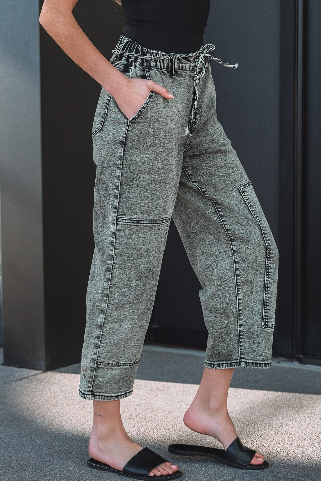 Gray Acid Wash Tie Waist Denim Pants
