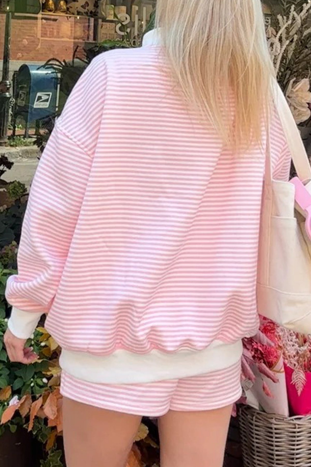 Stripe Oversize Mock Neck Sweatshirt & Shorts Set