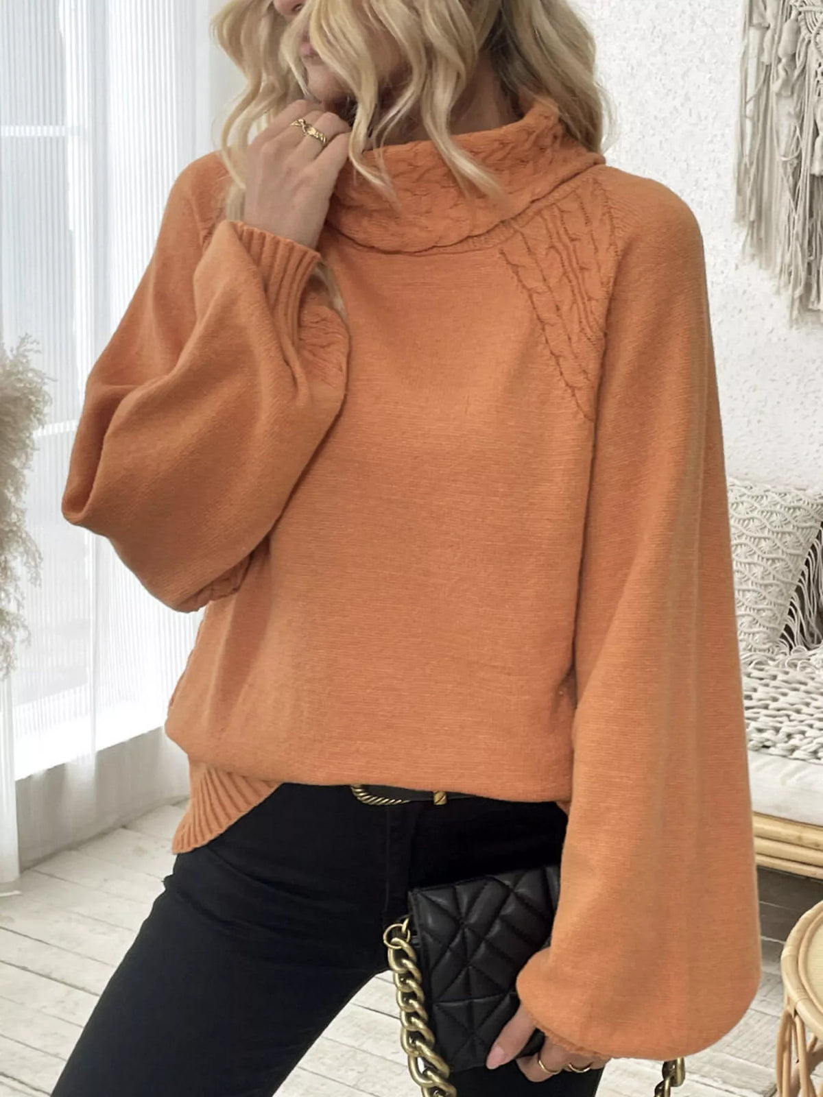 Cable-Knit Turtleneck Long Sleeve Sweater