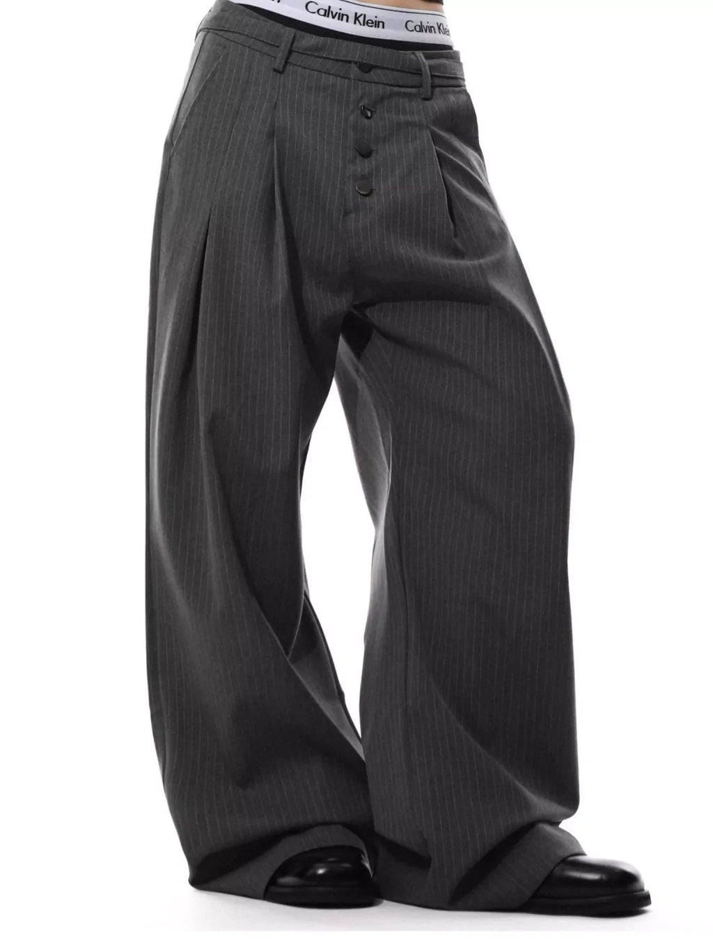 Men's Plus Size Wide Leg Striped Button-Front Pants