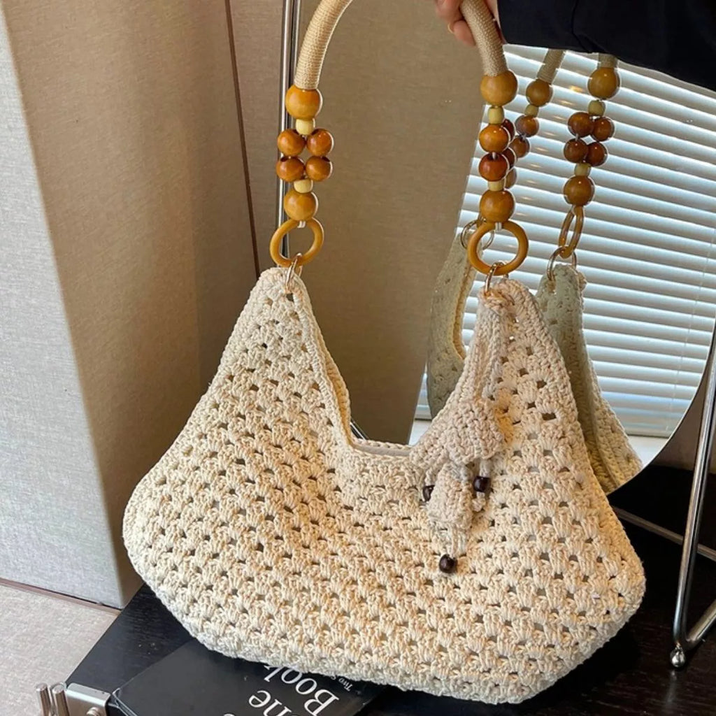 Crochet Knit Beaded Strap Shoulder Bag