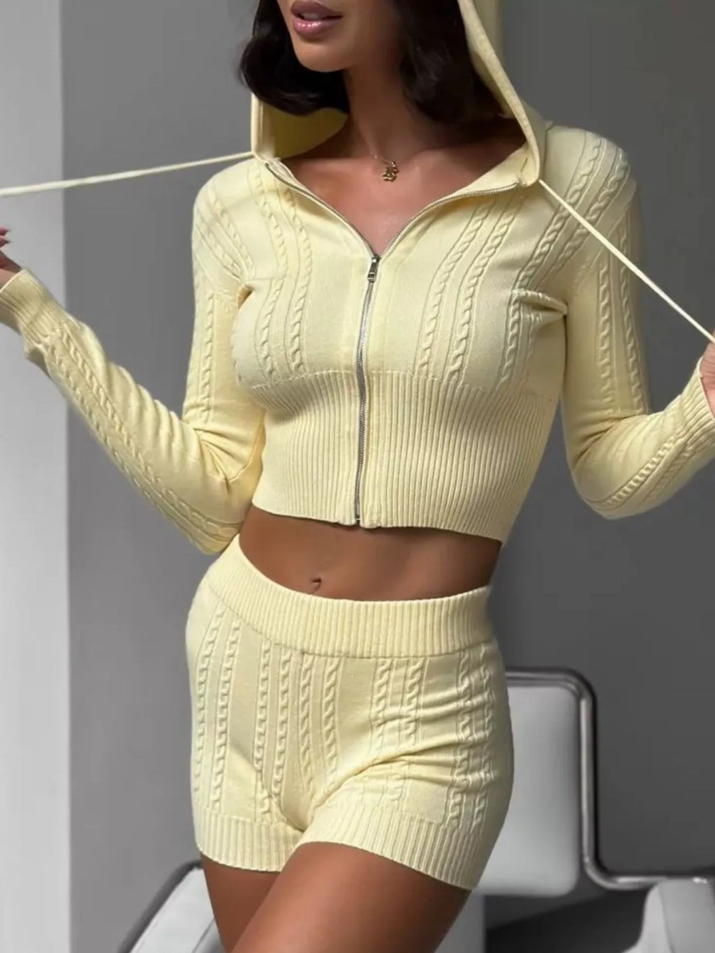 Cable Knit Zip-Up Hooded Top and Shorts Lounge Set