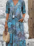 Full Size Printed V-Neck Half Sleeve Dress Plus Size