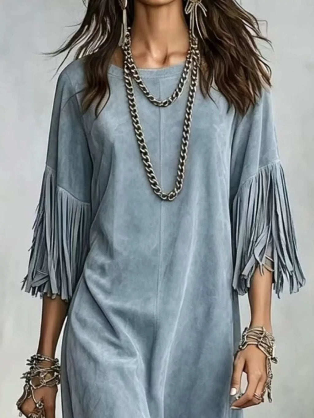 Fringed Round Neck Midi Dress