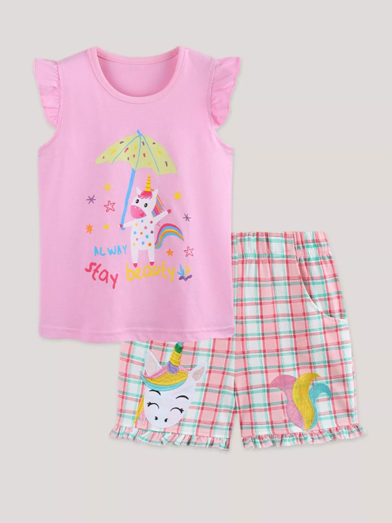 Children's Unicorn Dreams Sleeveless Top & Plaid Shorts Set