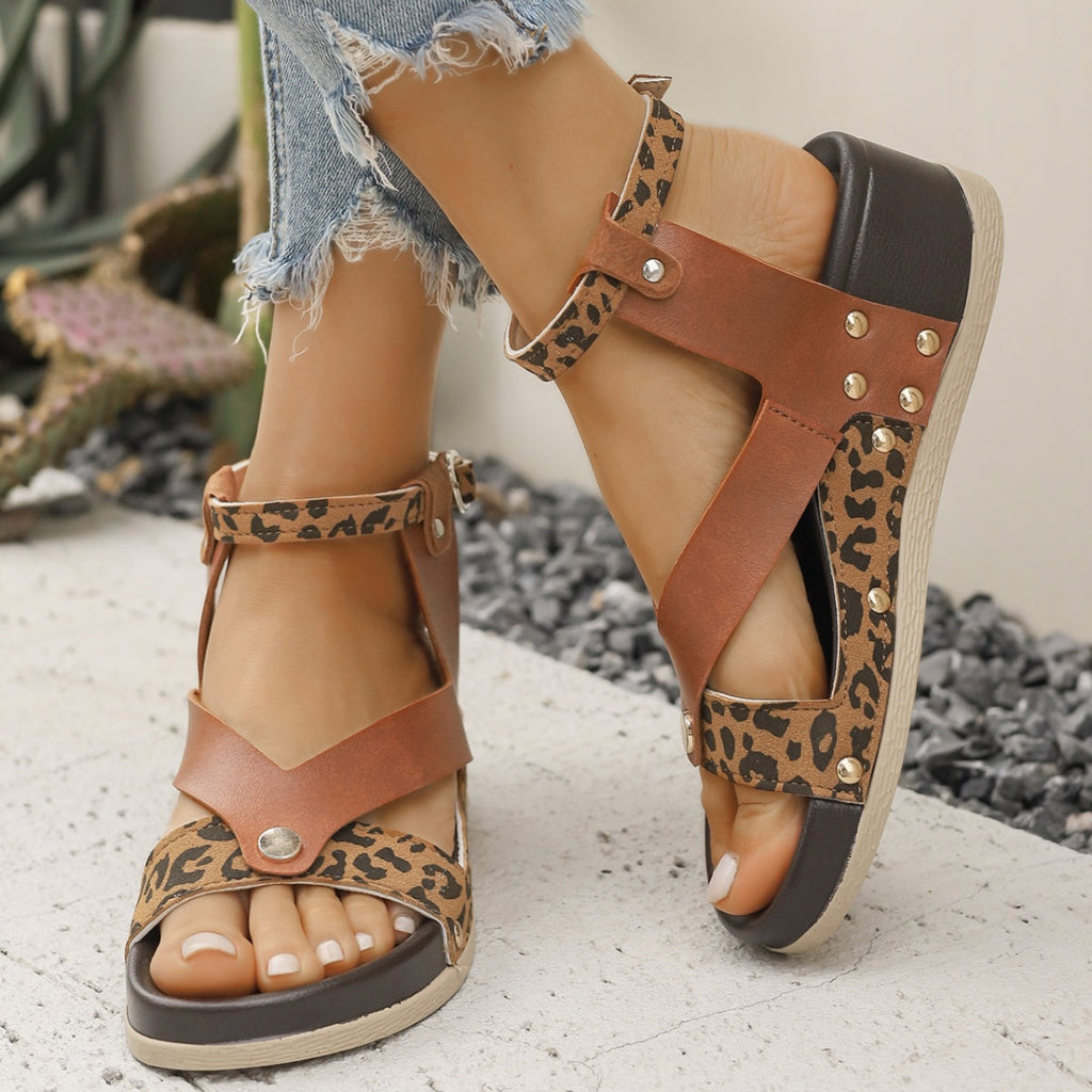 Leopard Ankle Strap Wedge Sandals