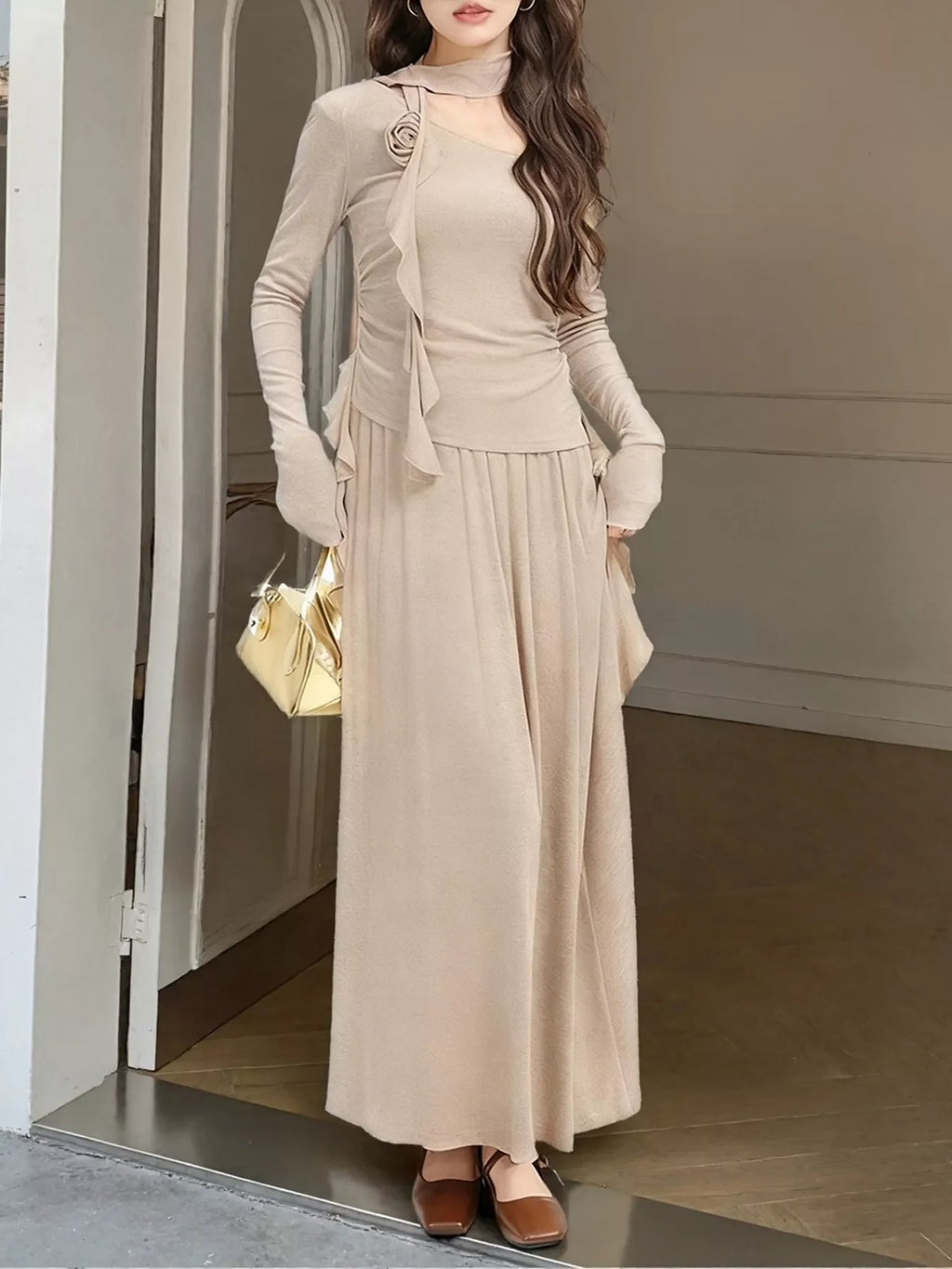 Ruffled Long Sleeve Knit Top and Maxi Skirt Set