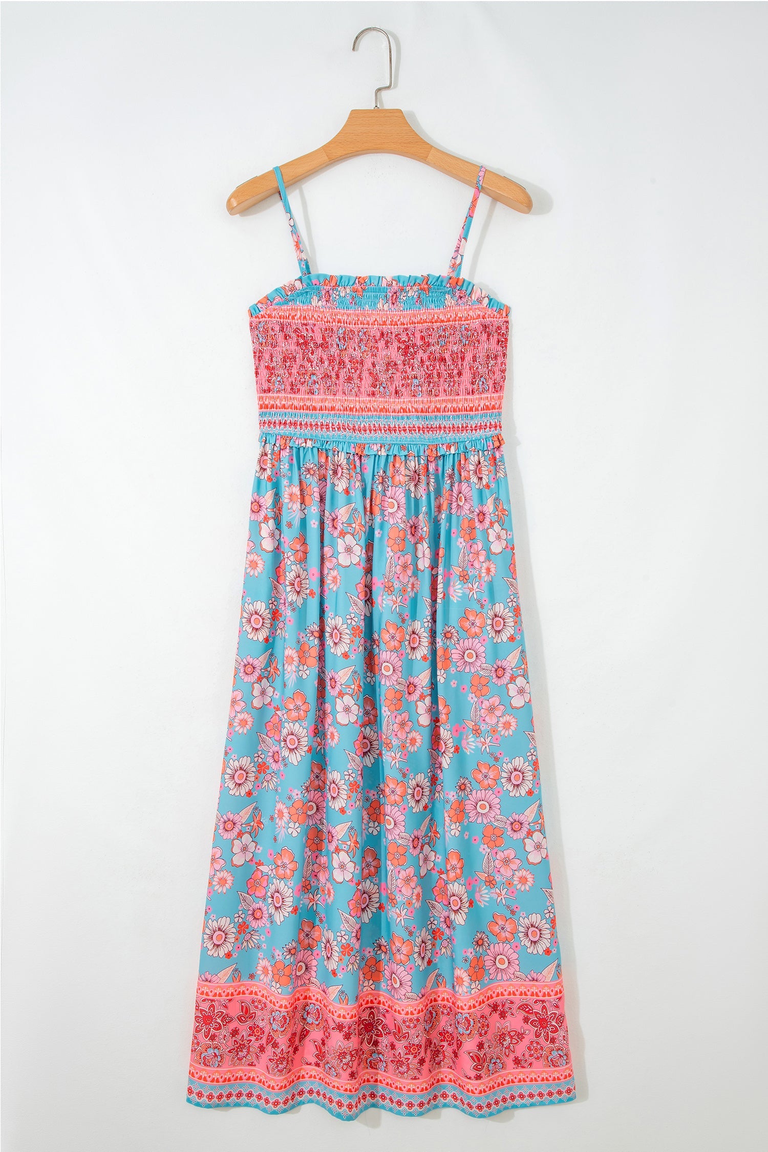 Sky Blue Bohemian Ethnic Print Spaghetti Straps Vacation Maxi Dress