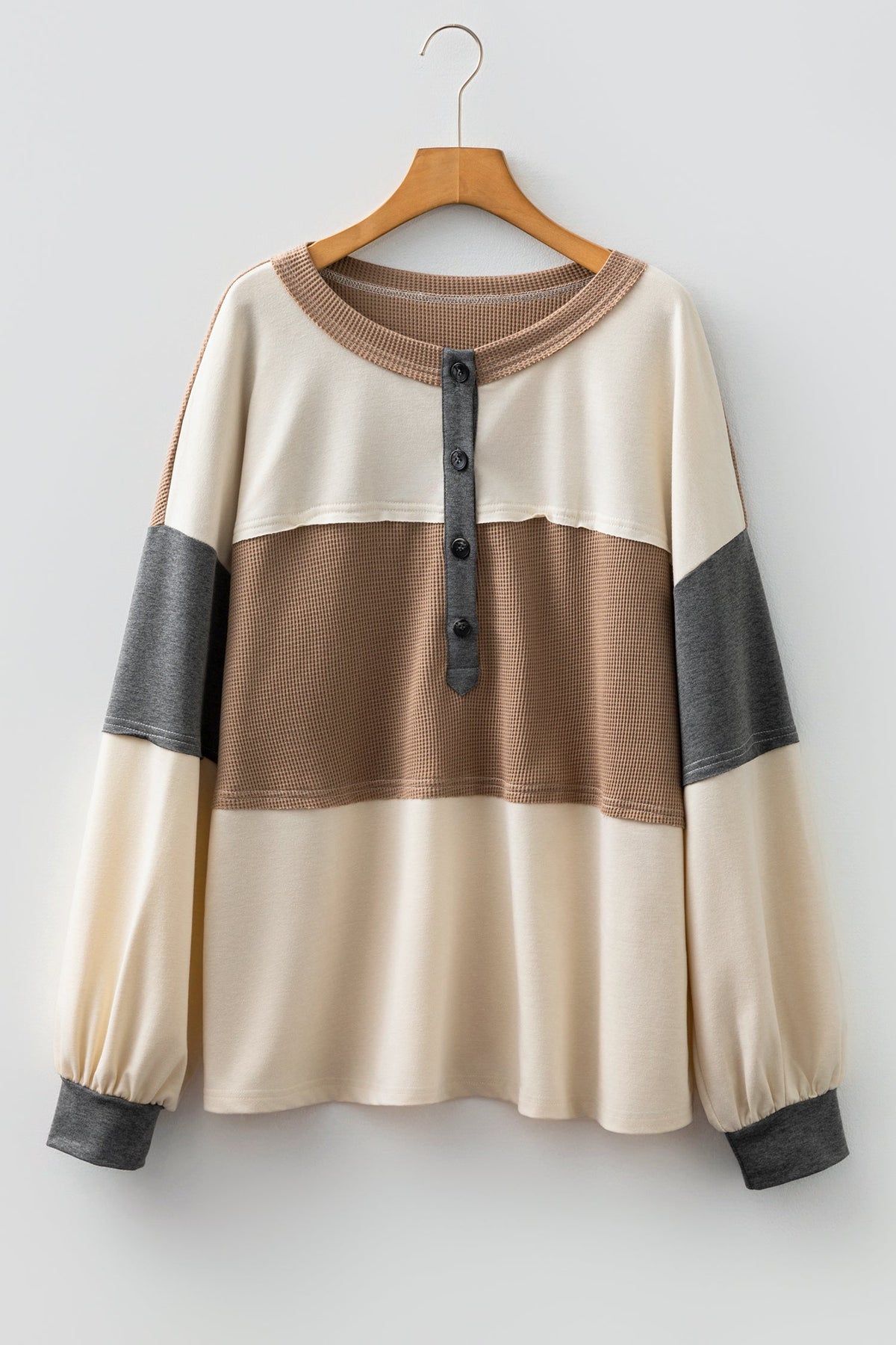 Plus Size Colorblock Waffle Knit Patchwork Half-Button Top