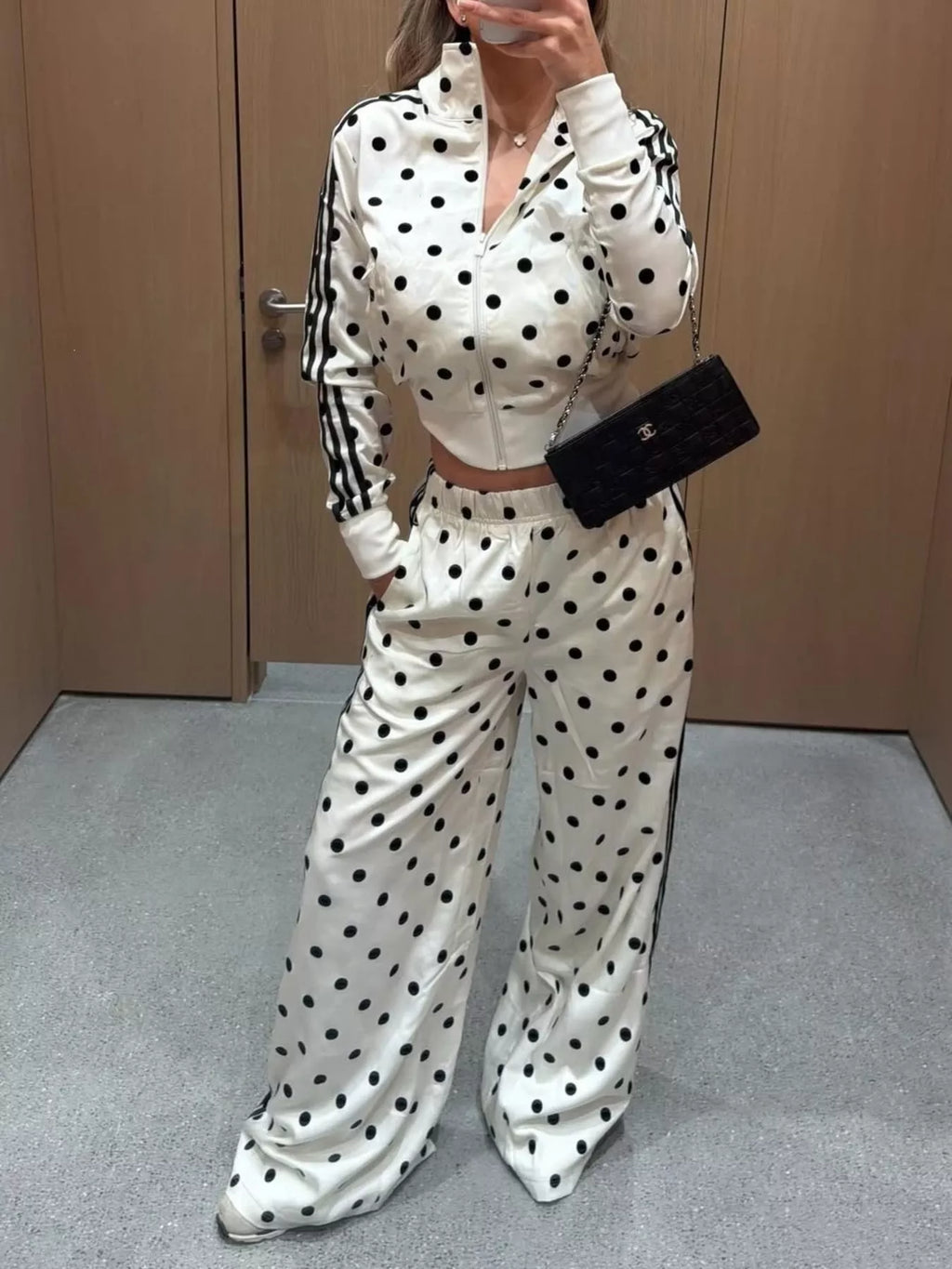 Polka Dot Zip Up Outerwear and Pants Set